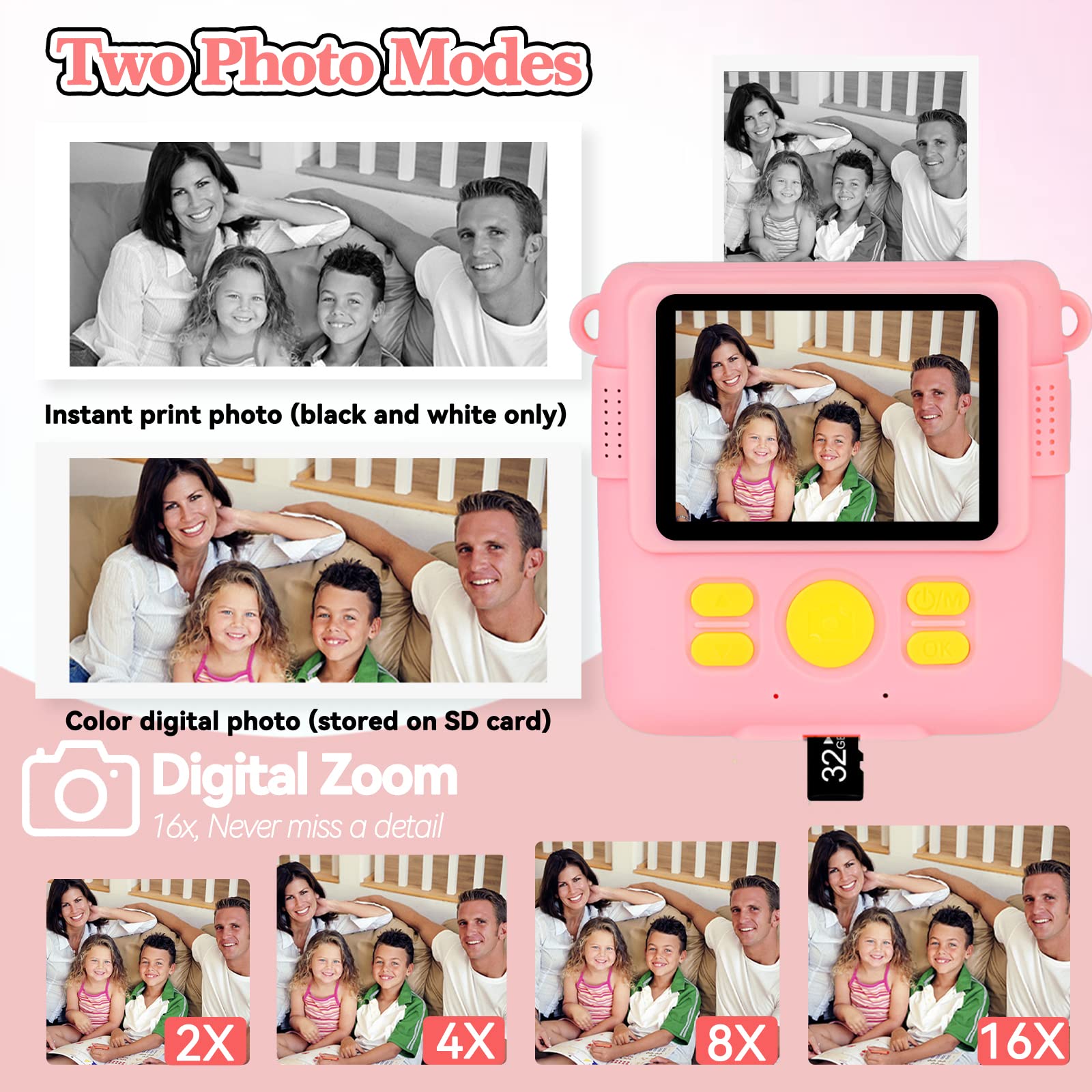Instant Print Camera For Kids With 3 Rolls Of Printer Paper, 1080P Toddler Digital Camera Toys For Age 3 12 With 32Gb Sd Card, Christmas & Birthday Gifts For 3 4 5 6 7 8 Year Old Girls & Boys (Pink)