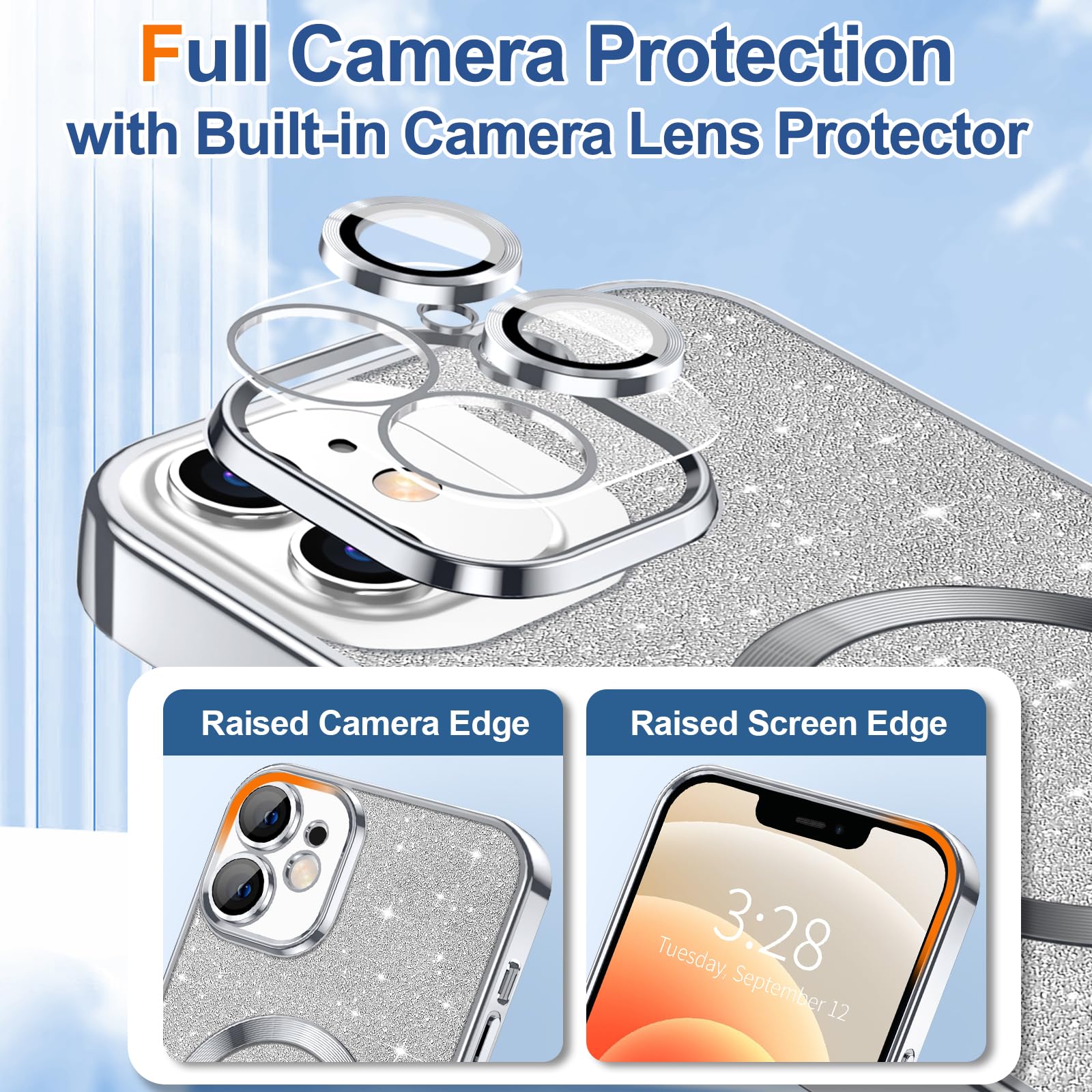 Hython For Iphone 12 Case Glitter, Clear Magnetic Phone Cases With Camera Lens Protector [Compatible With Magsafe] Bling Sparkle