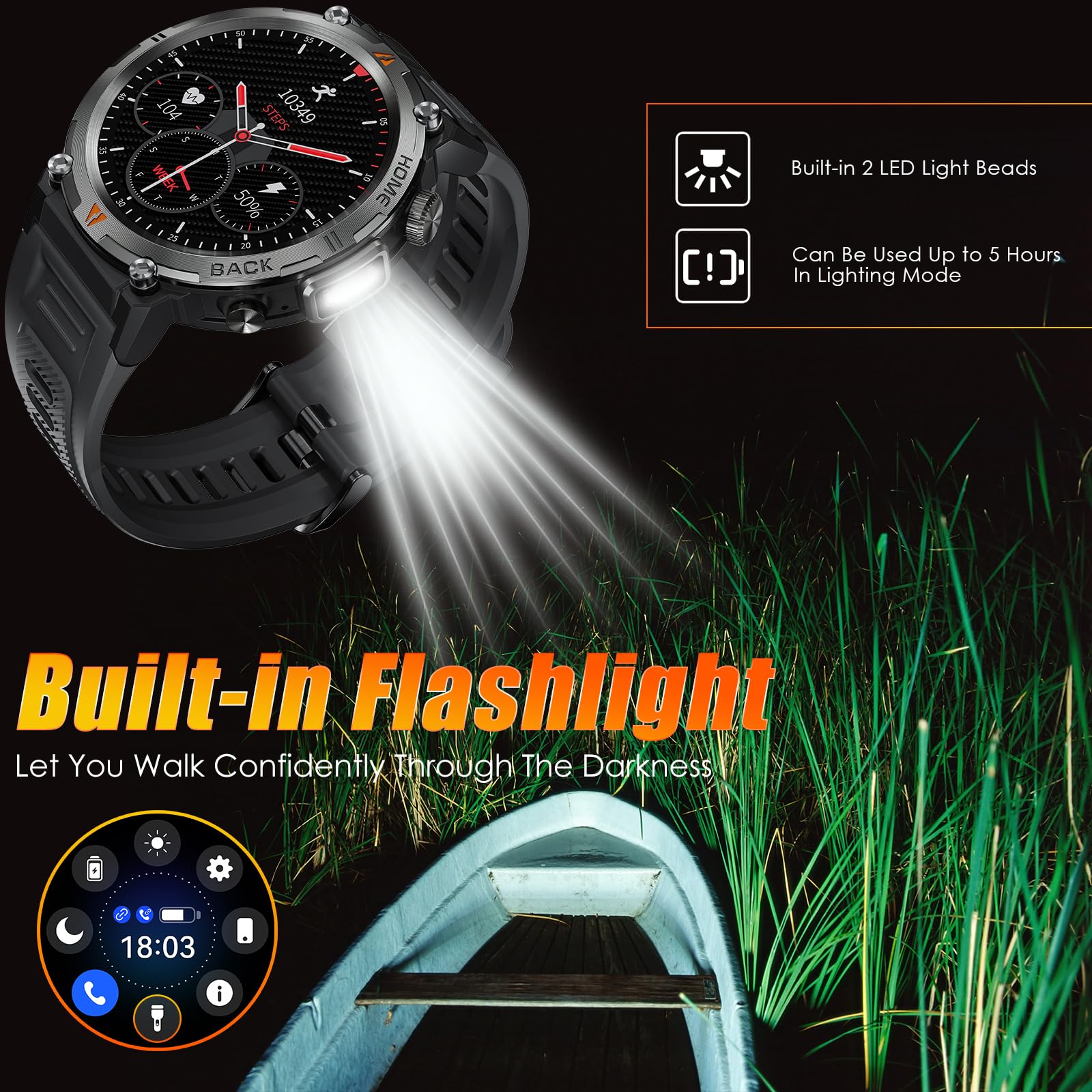 Eigiis Military Smart Watch For Men Tactical Rugged With Bluetooth Call Flashlight 1.45'' Big Screen Fitness Tracker Heart Rate