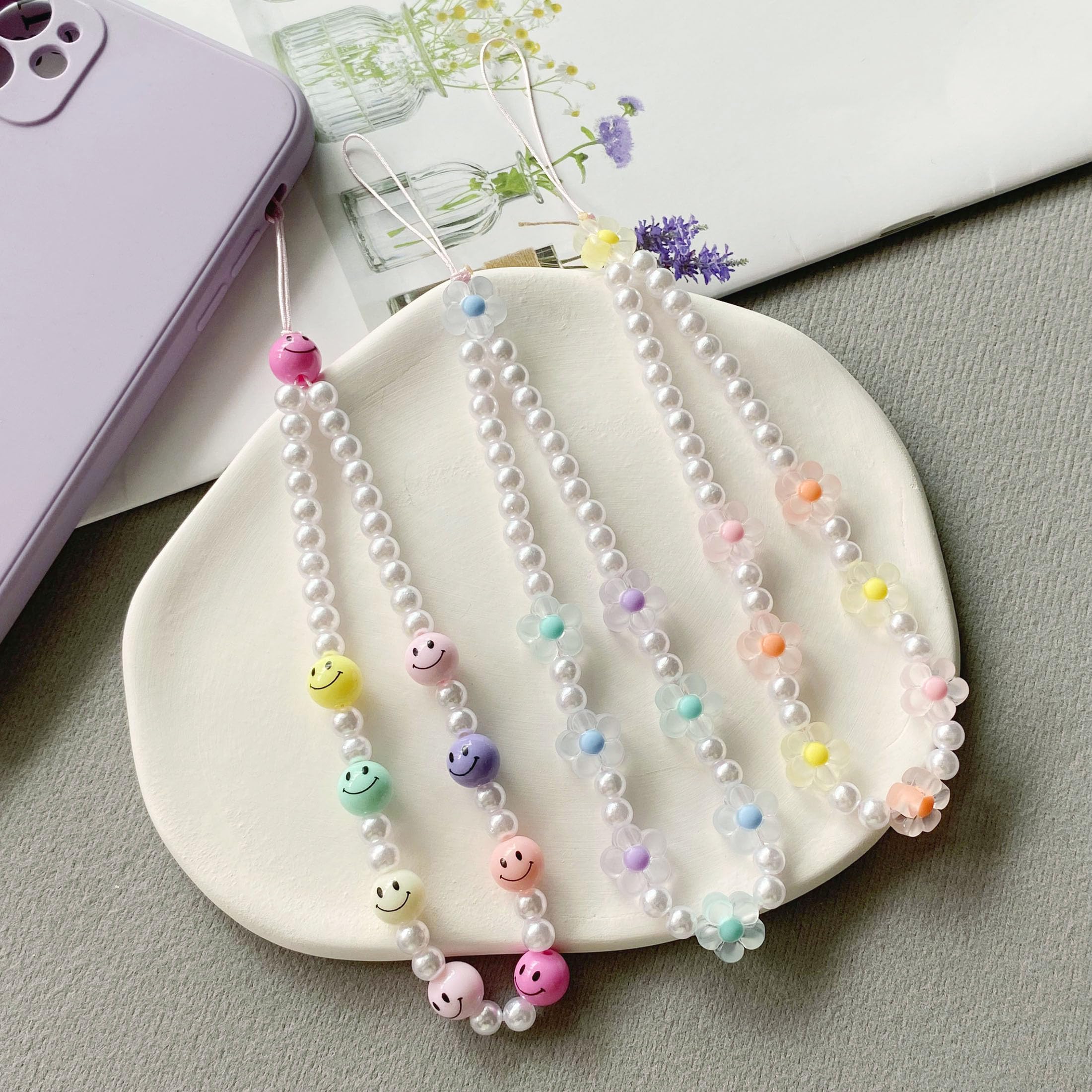 Holaoct 3Pcs Phone Charm,Cute Smiley Face Phone Charms Strap Beaded Keychain Pearl Phone Case Lanyards For Women
