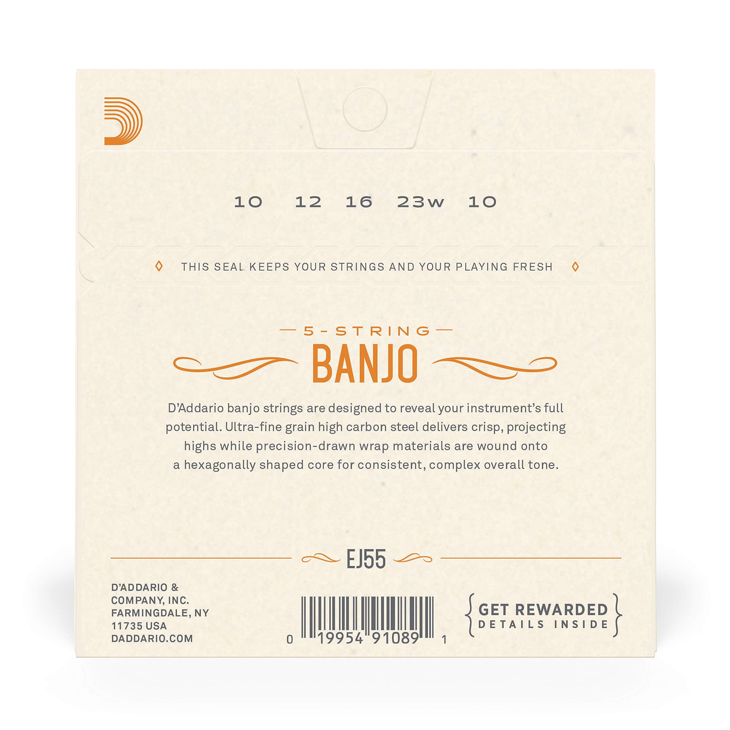 D'Addario Tenor Banjo Strings, Phosphor Bronze, Ej55, Medium Gauge 9 30, 5 String Set, Pack Of 1
