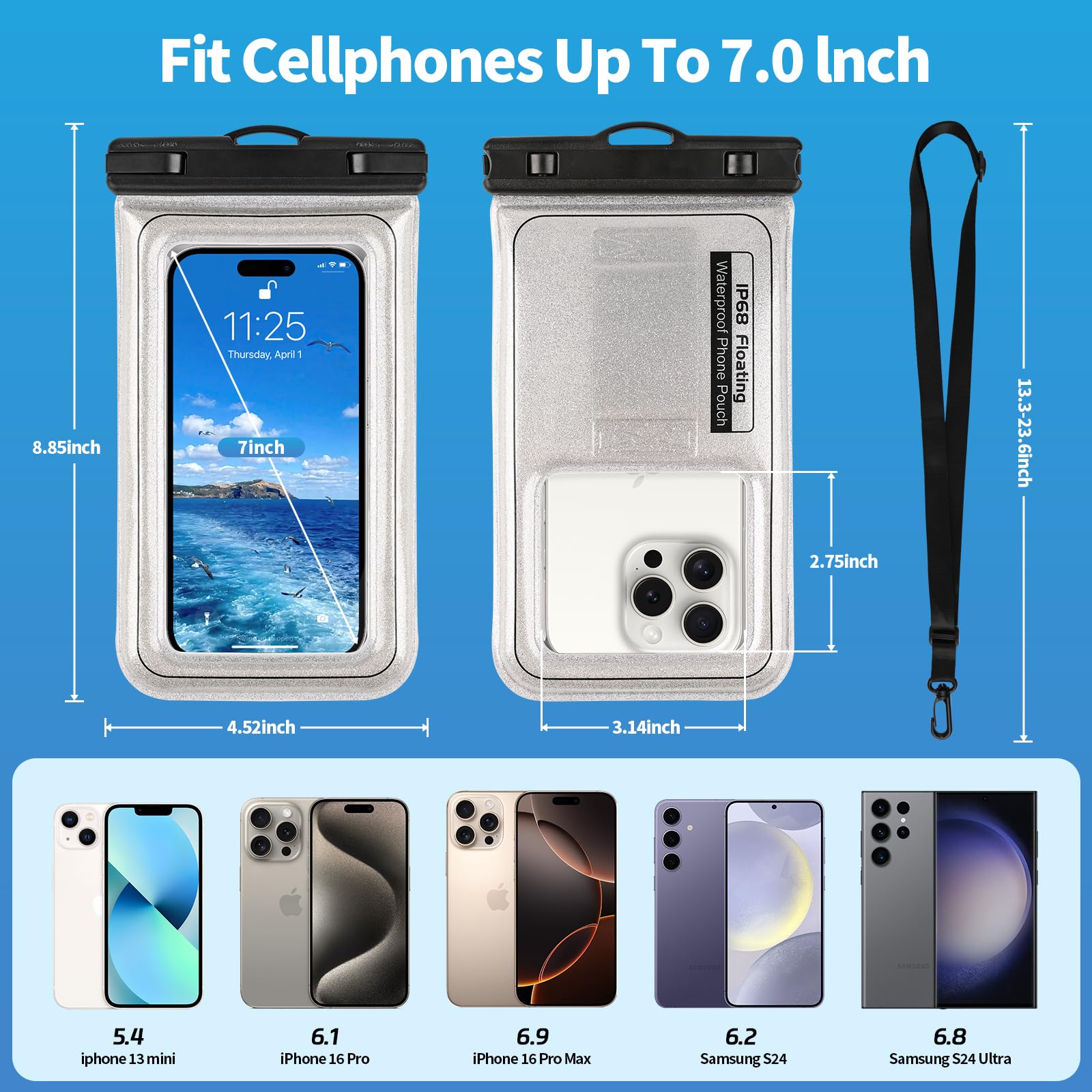 Floating Waterproof Phone Pouch, Ipx68 Waterproof Phone Case With Lanyard For Iphone 16 15 14 13 Pro Max Samsung S25 S24 S23 S22