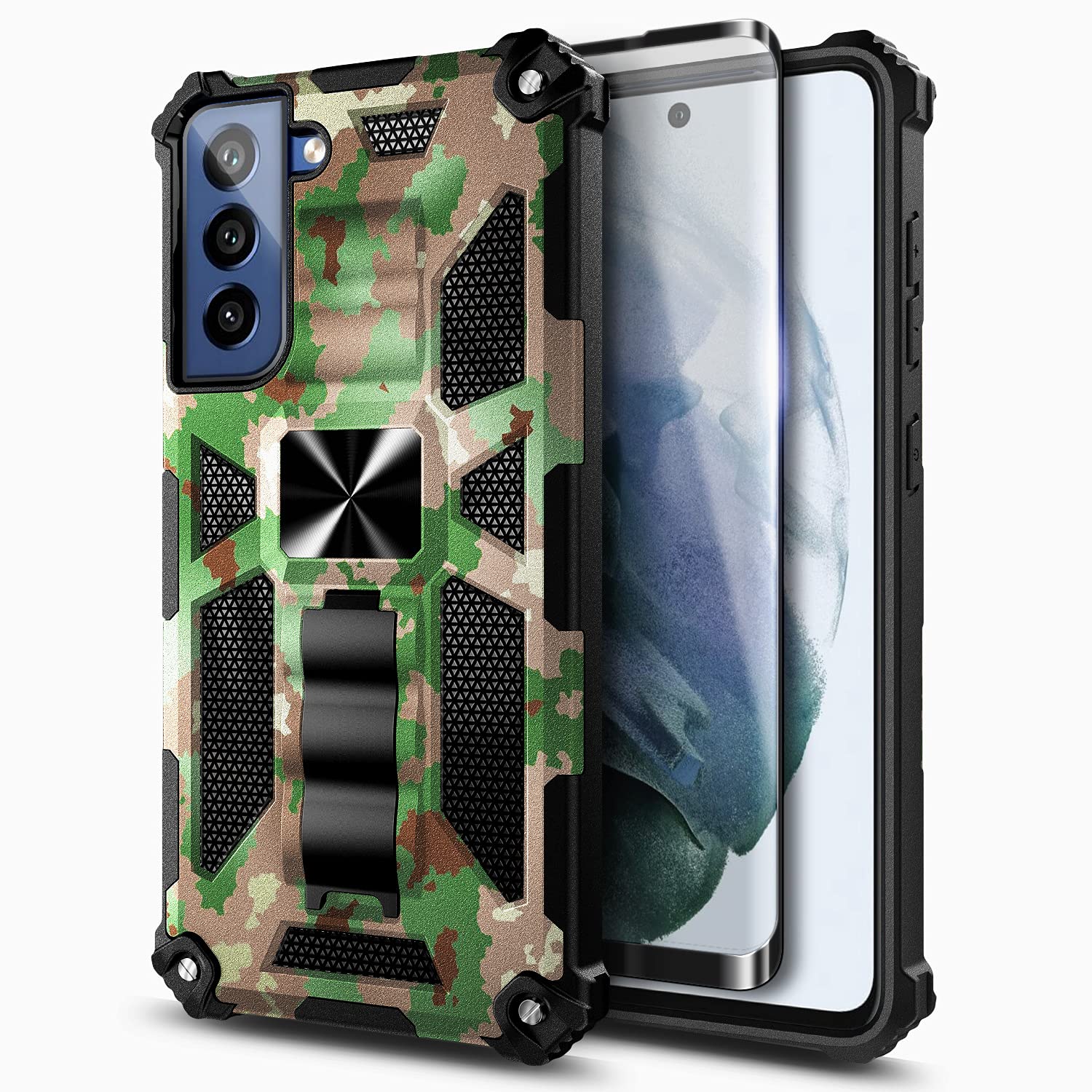 NZND Case for Samsung Galaxy S21 FE with Tempered Glass Screen Protector (Maximum Coverage), Full-Body Protective [Military-Grad