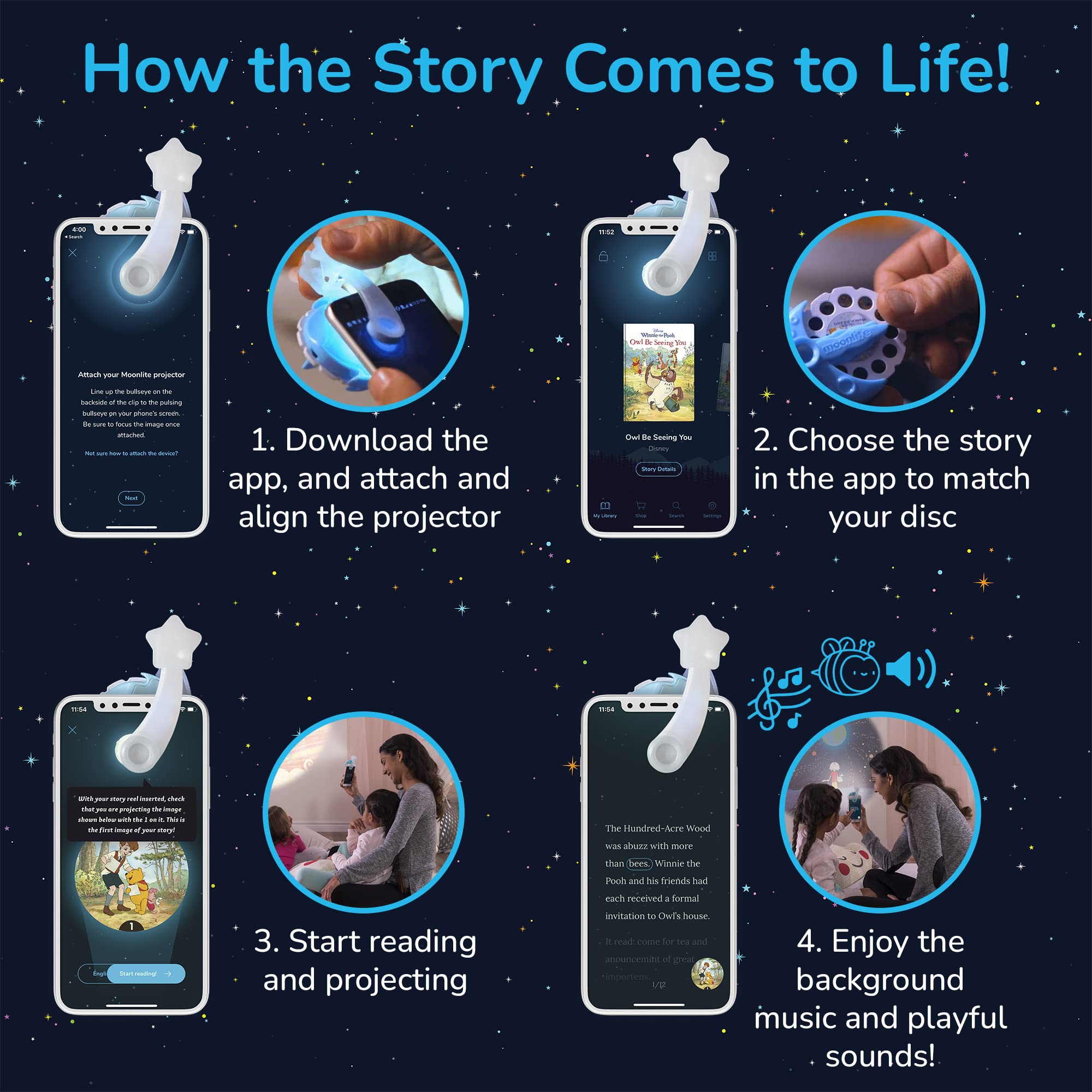 Moonlite Storytime Projector, Magical Bedtime Kids Book Projector For Immersive Reading Experience, Smartphone Compatible Storyb