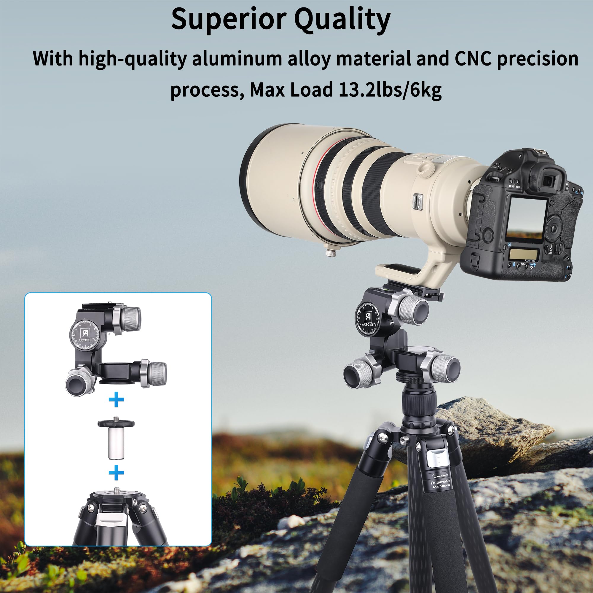 Artcise 3 Way Geared Tripod Head With Arca Type Qr Plate,Supports Millimeter Micro Adjustment, 3 Axis Pan/Tilt Fluid Head With Large/Fine Quick Switch Dual Mode, Max Load11Lb