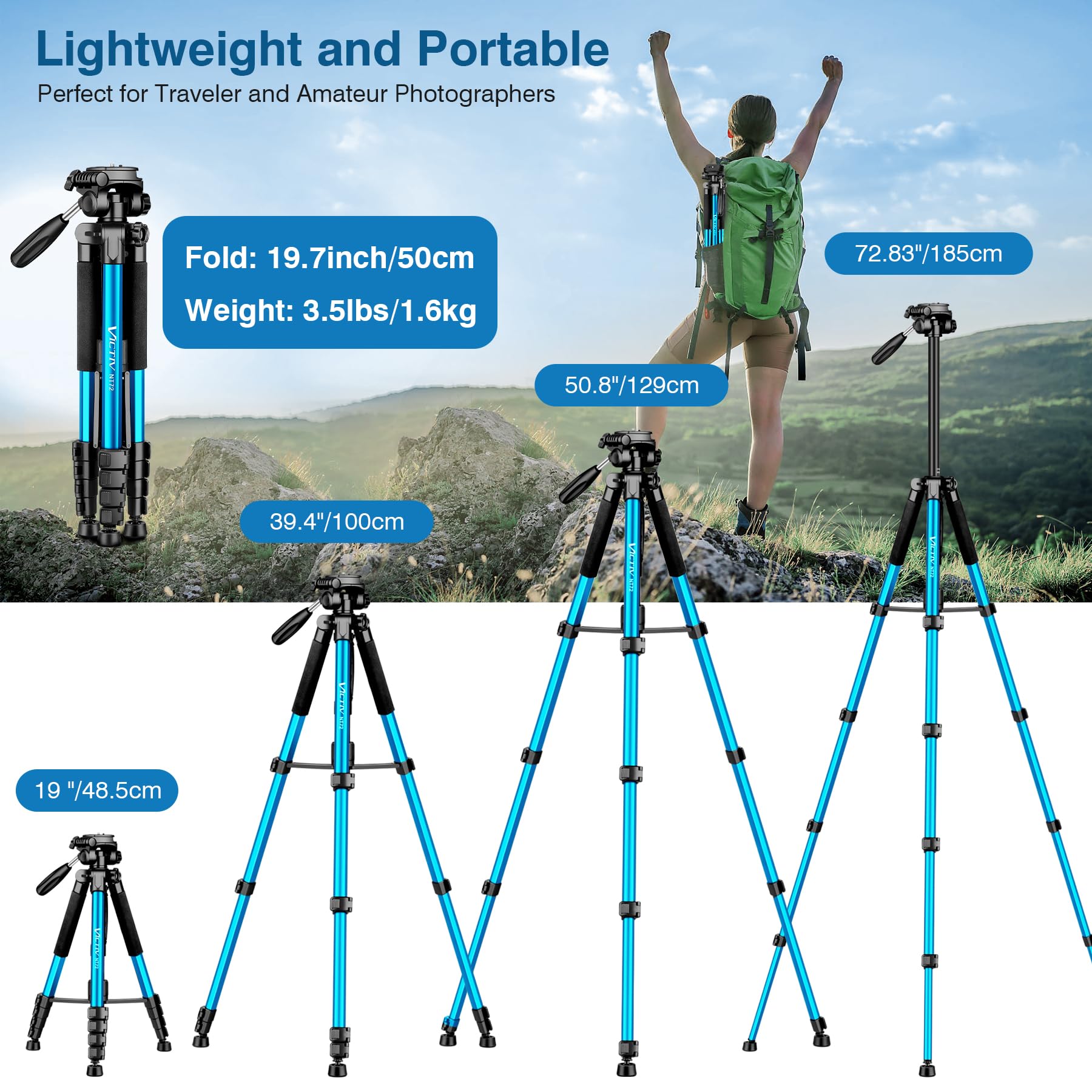 Victiv 72 Inch Camera Tripod, Tall Tripod For Camera Cell Phone, Heavy Duty Camera Tripod Stand, Professional Aluminum Monopod, Compatible With Canon Nikon Sony Dslr Cameras   Blue
