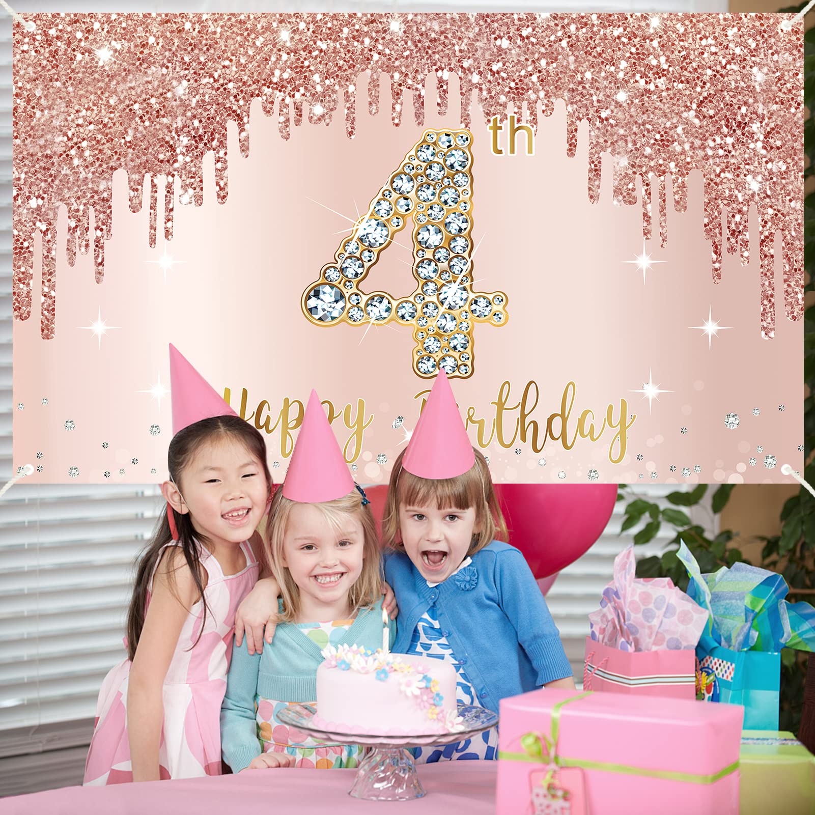 Happy 4Th Birthday Banner Backdrop Decorations For Girls, Rose Gold 4 Year Old Birthday Party Sign Supplies, Pink Fourth Birthda