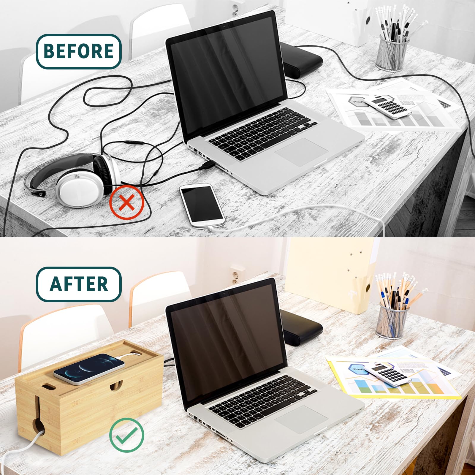 Bamboo Cable Management Box, Medium Cord Organizer Box Cable Box To Hide Wires & Power Strips For Desktop Storage Cord Holder Fo