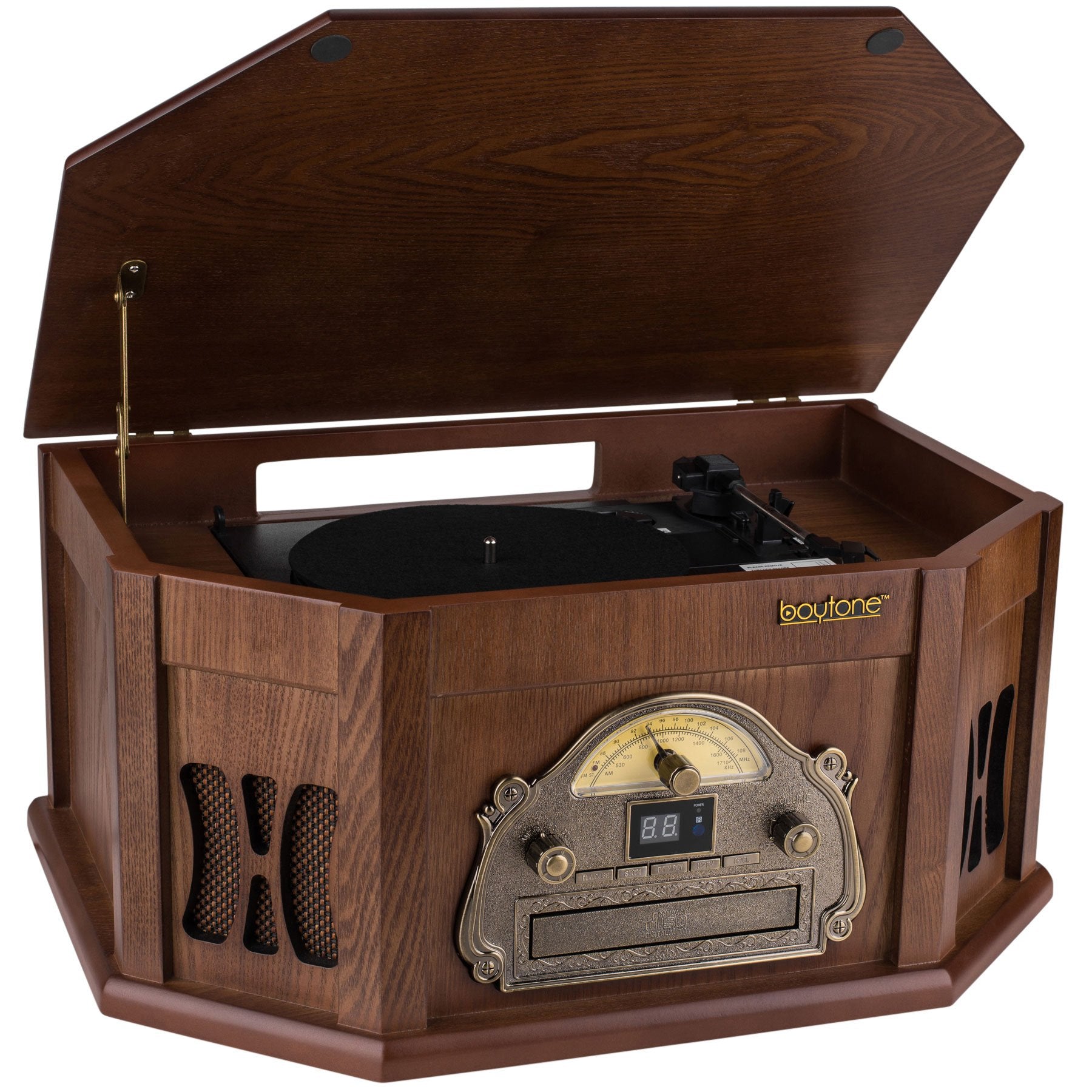 Boytone Bt 25Mb 8 In 1 Natural Wood Classic Turntable Stereo System With Bluetooth Connection, Vinyl Record Player, Am/Fm, Cd, Cassette, Usb, Sd Slot. 2 Built In Speakers, Remote Control, Mp3 Player
