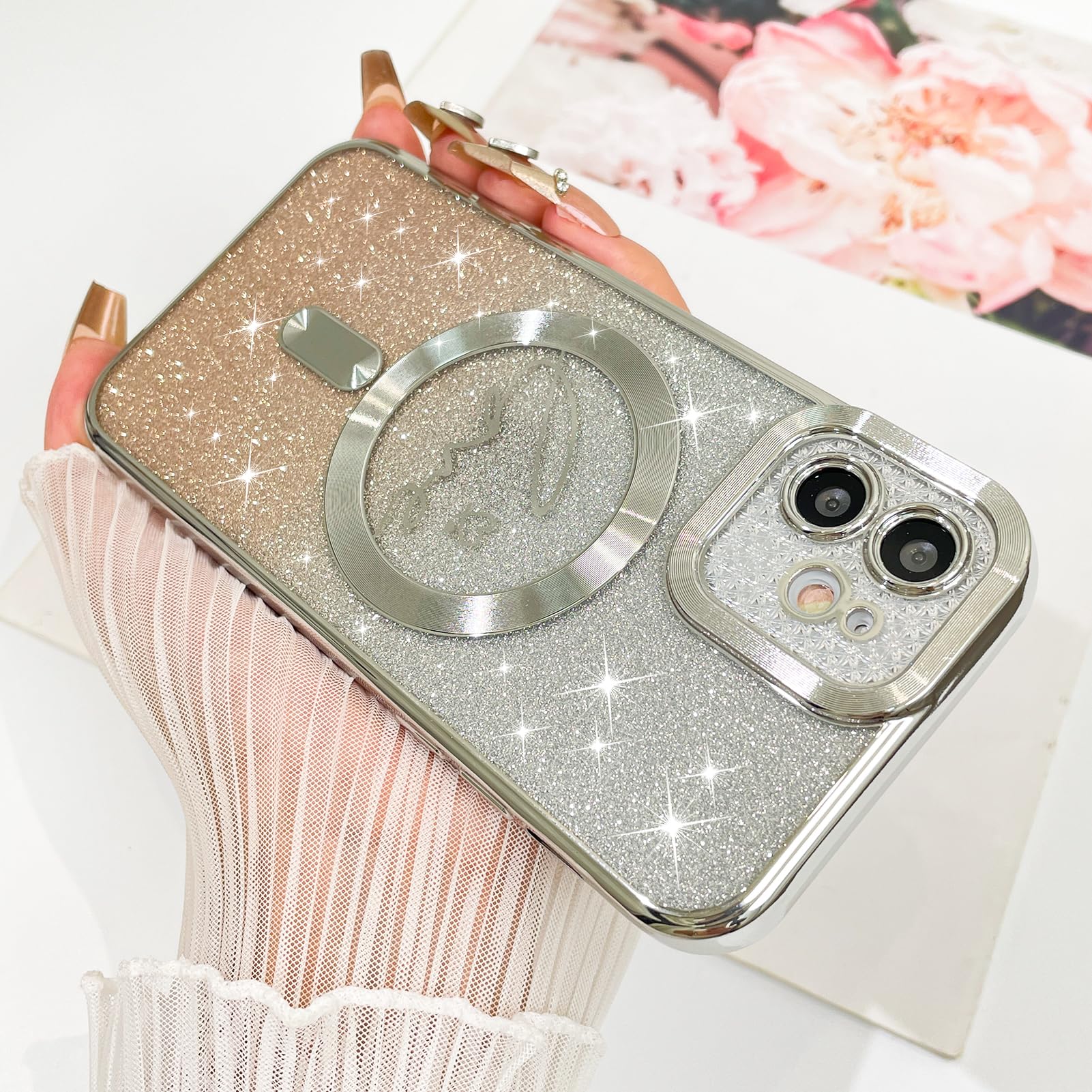 Fiyart Designed For Iphone 12 Case,Compatible With Magsafe Love Heart Plating Camera Protection Clear Phone Case, Magnetic Glitt