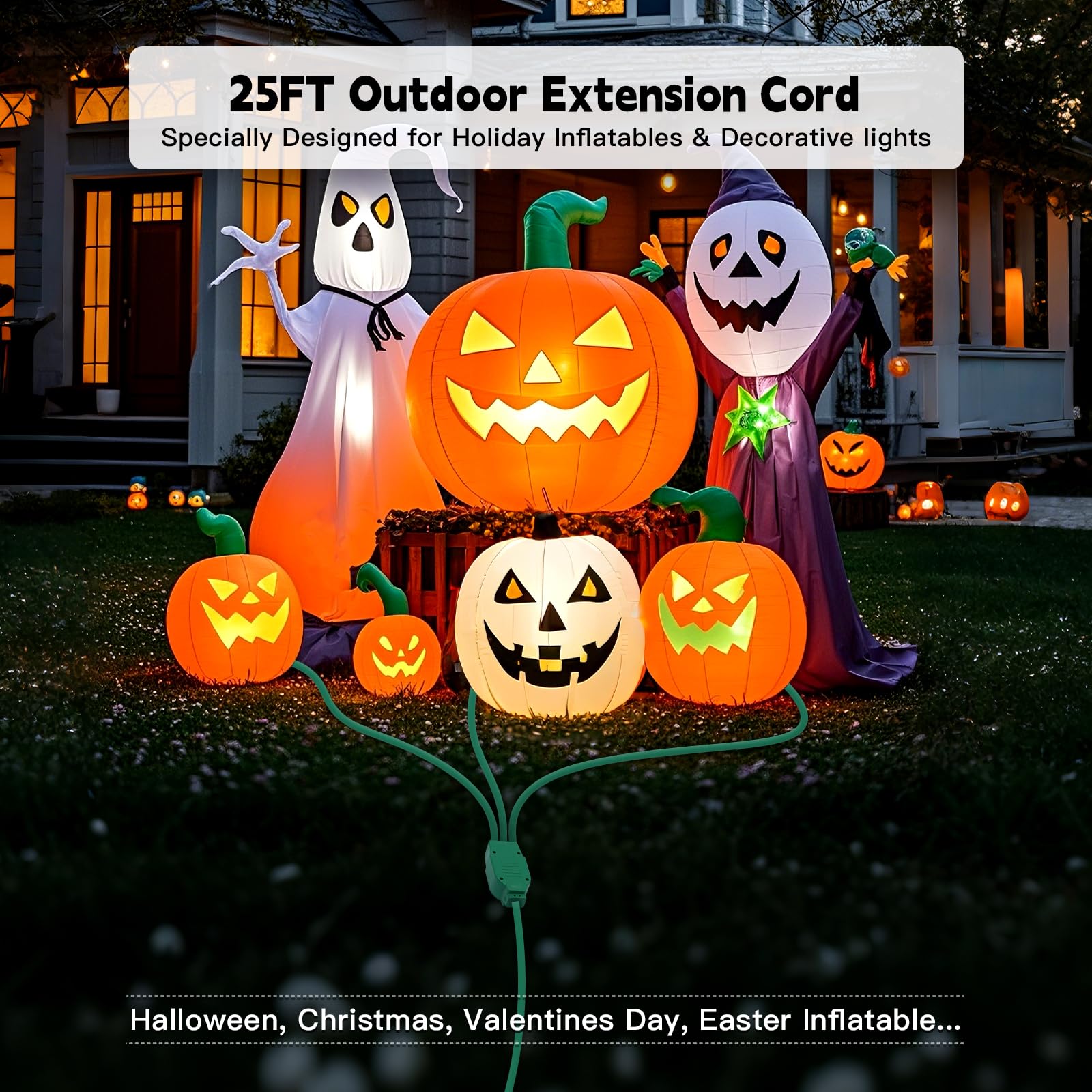 25Ft 3 Outlets Green Outdoor Extension Cords For Halloween Christmas Inflatables Blow Ups Yard Waterproof Outside With Multiple