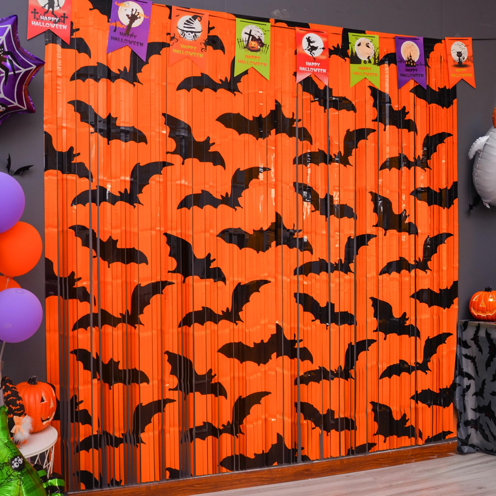 Mega L Halloween Party Decorations, 2 Packs Black Bat Pattern Orange Background Photo Booth Props, 3.3 X 6.6 Ft Metallic Foil Fr
