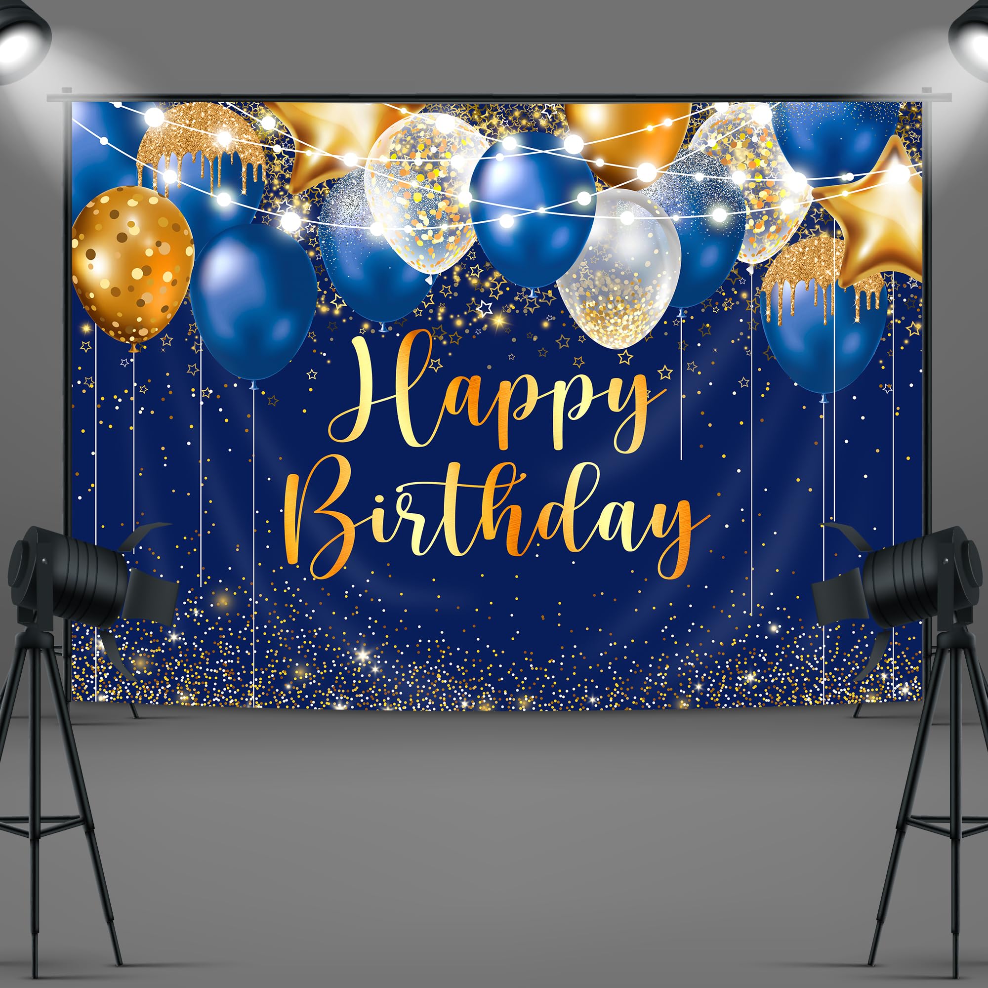 Imirell Royal Blue Gold Birthday Men Backdrop 7Wx5H Feet Boys Balloons Modern Golden Ceremony Stars Polyester Fabric Shining Spa