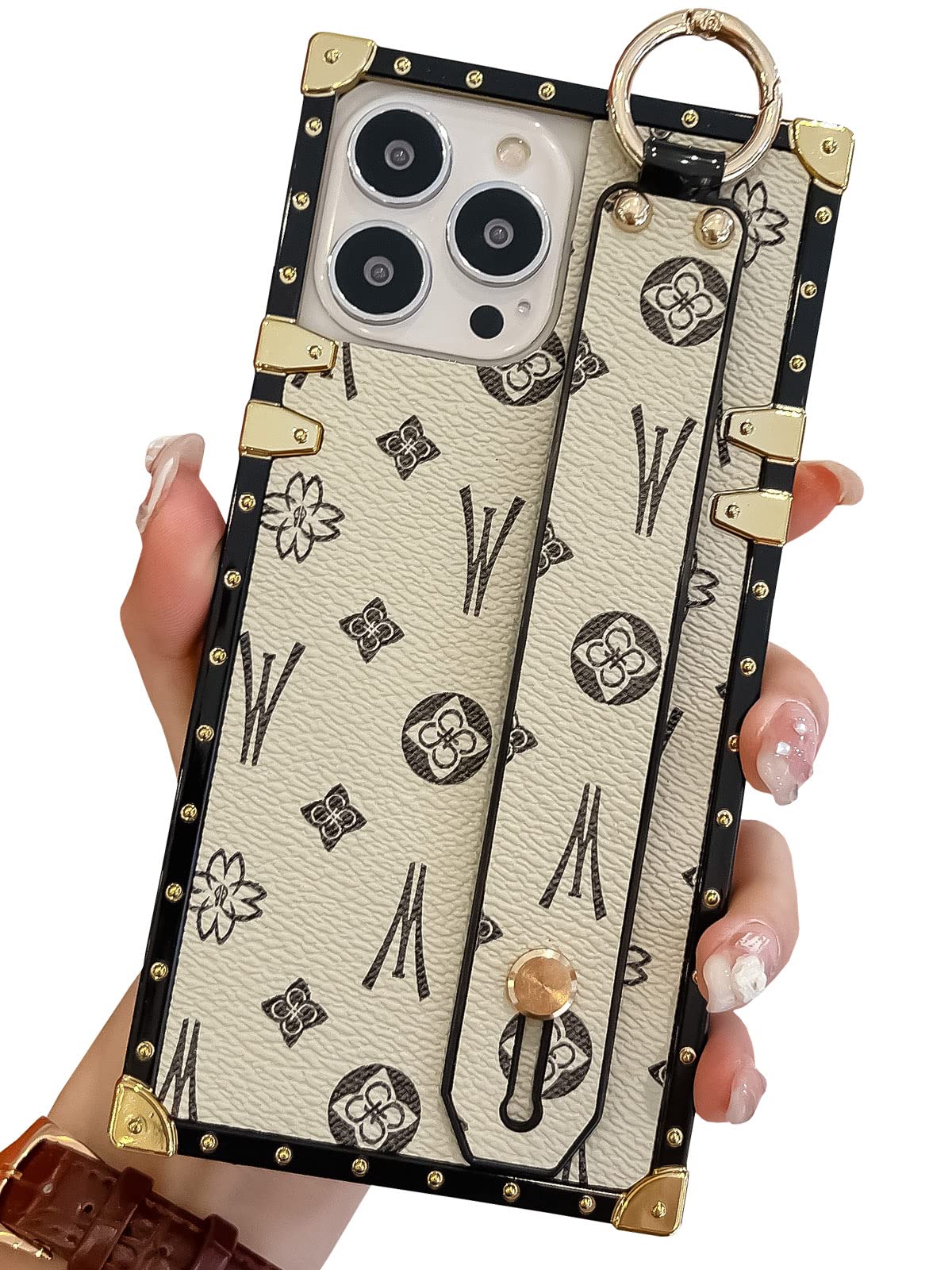 Trodino Square Leather Iphone 13 Pro Max Case With Wristband Strap, Luxury Designer Trunk Box Phone Case For Women Girls, Hand H