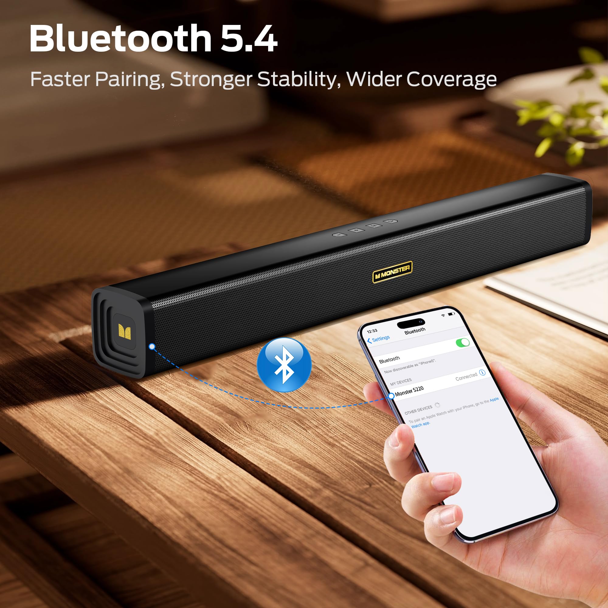 Monster S220 Bluetooth Soundbar For Tv, Wireless Bluetooth 5.4 Sound Bar, 2.0Ch With Dual Bass Diaphragm, All-In-One Home Theate