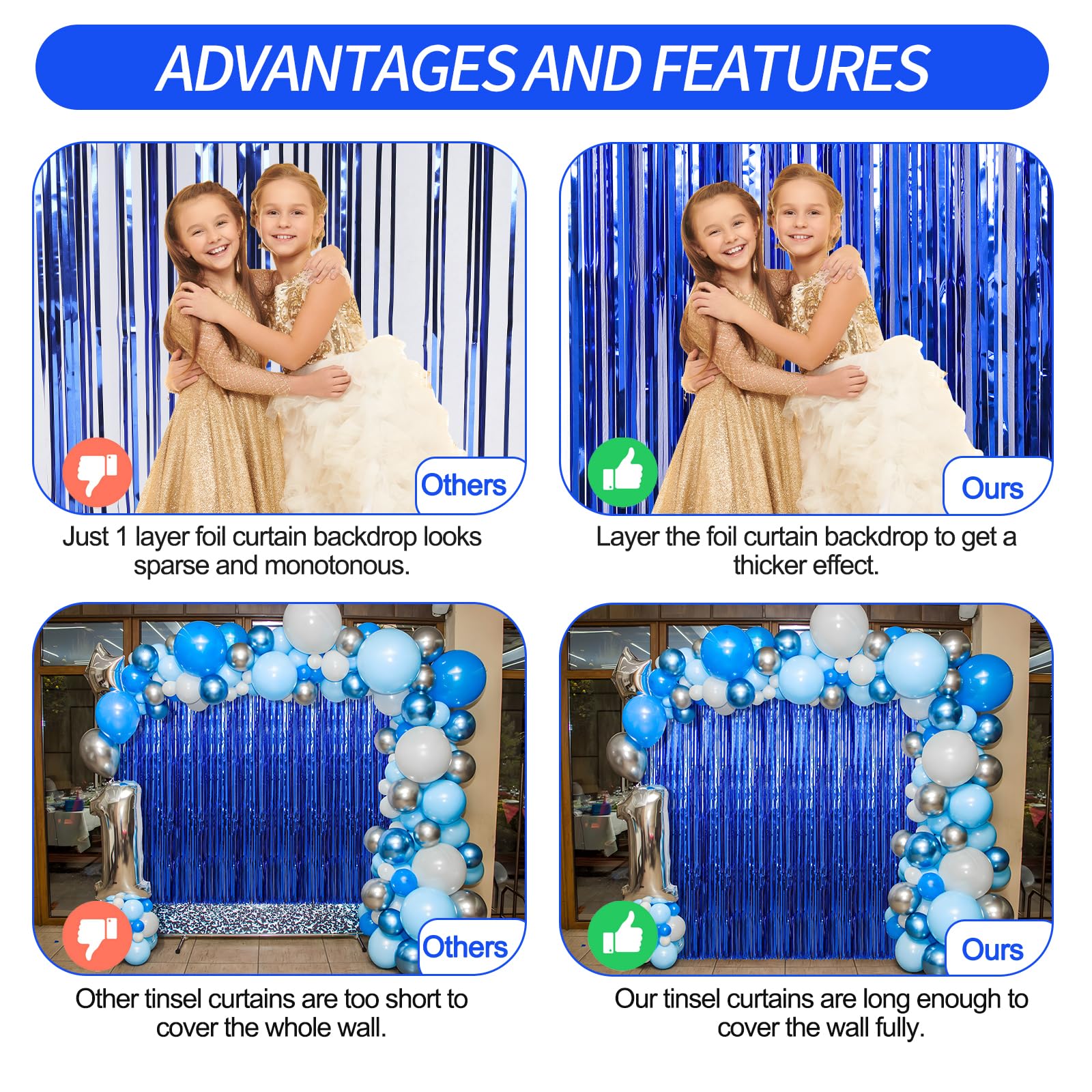 2 Pack Blue Foil Fringe Curtains Streamers Party Decorations 3.3 X 8.2 Ft, Blue Tinsel Curtain Fringe Backdrop For Parties, Door