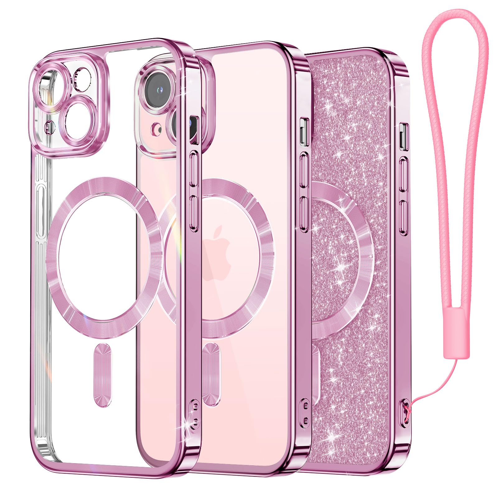Meifigno Candy Mag Series Case Designed For Iphone 15,[Compatible With Magsafe] [Wrist Strap & Glitter Card] Full Camera Lens Pr