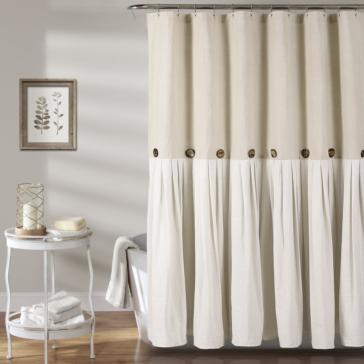 Lush Decor Linen Button Farmhouse Shower Curtain Pleated Two Tone Design For Bathroom, 72W X 78L, Linen