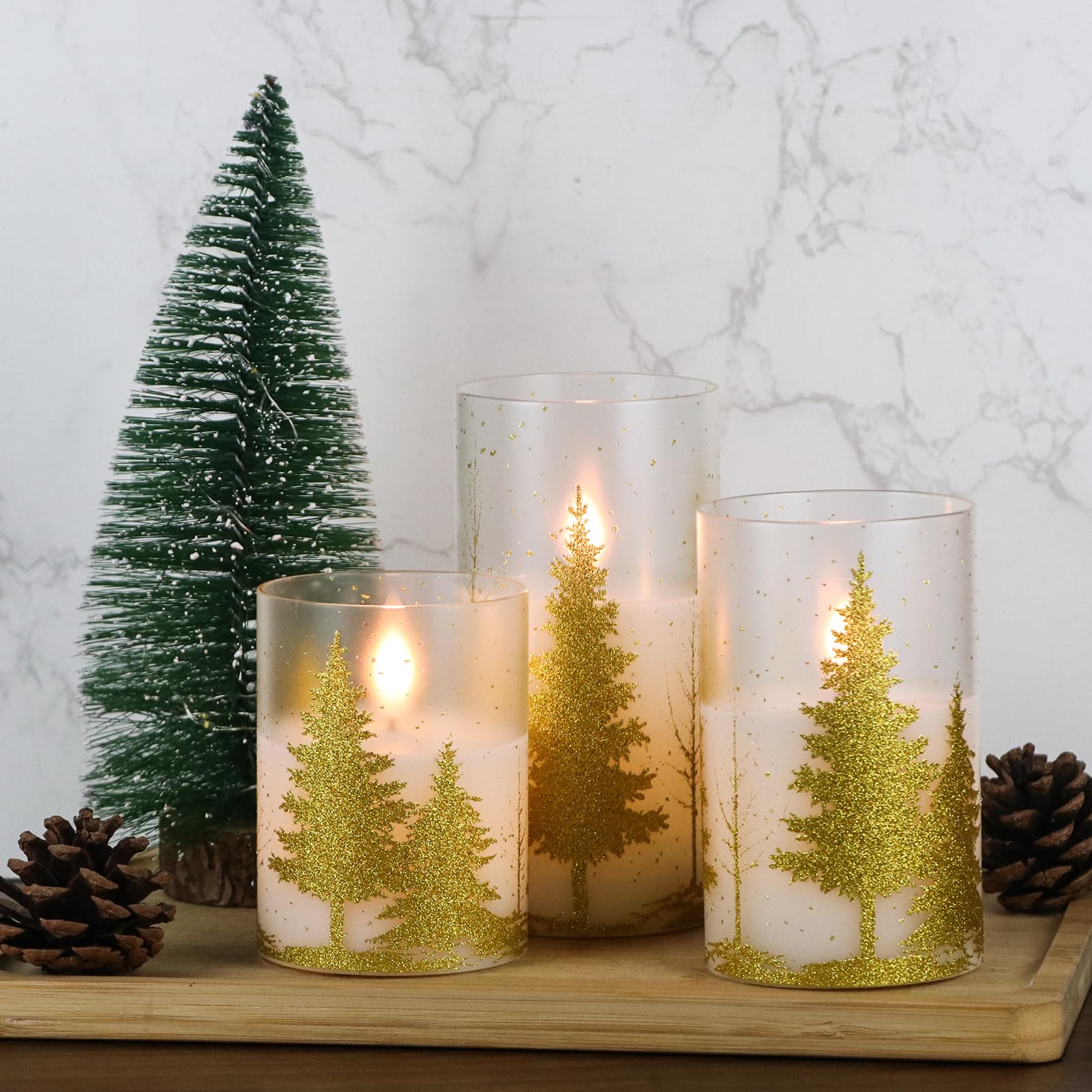 Dromance Christmas Tree Glass Flameless Candles With Remote Timer Battery Operated Real Wax 3D Wick Led Flickering Pillar Candle