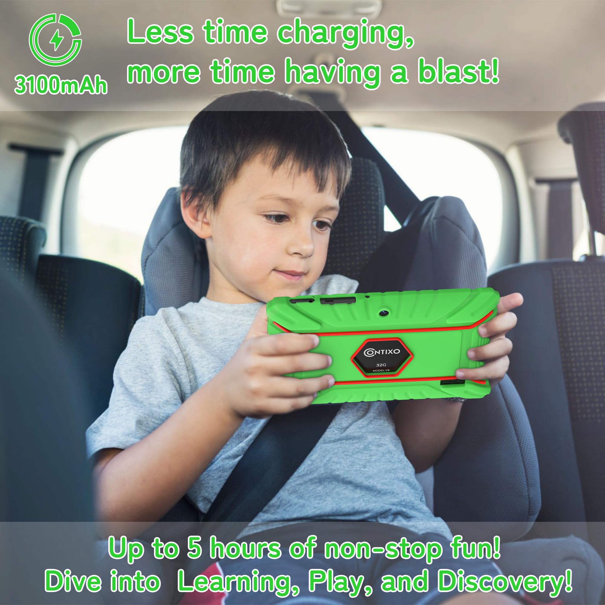 Contixo Kids Tablet V8, 7 Inch Hd, Ages 3 7, Toddler Tablet With Camera, Parental Control   Android 11, 16Gb, Wifi, Learning Tablet For Kids, Green