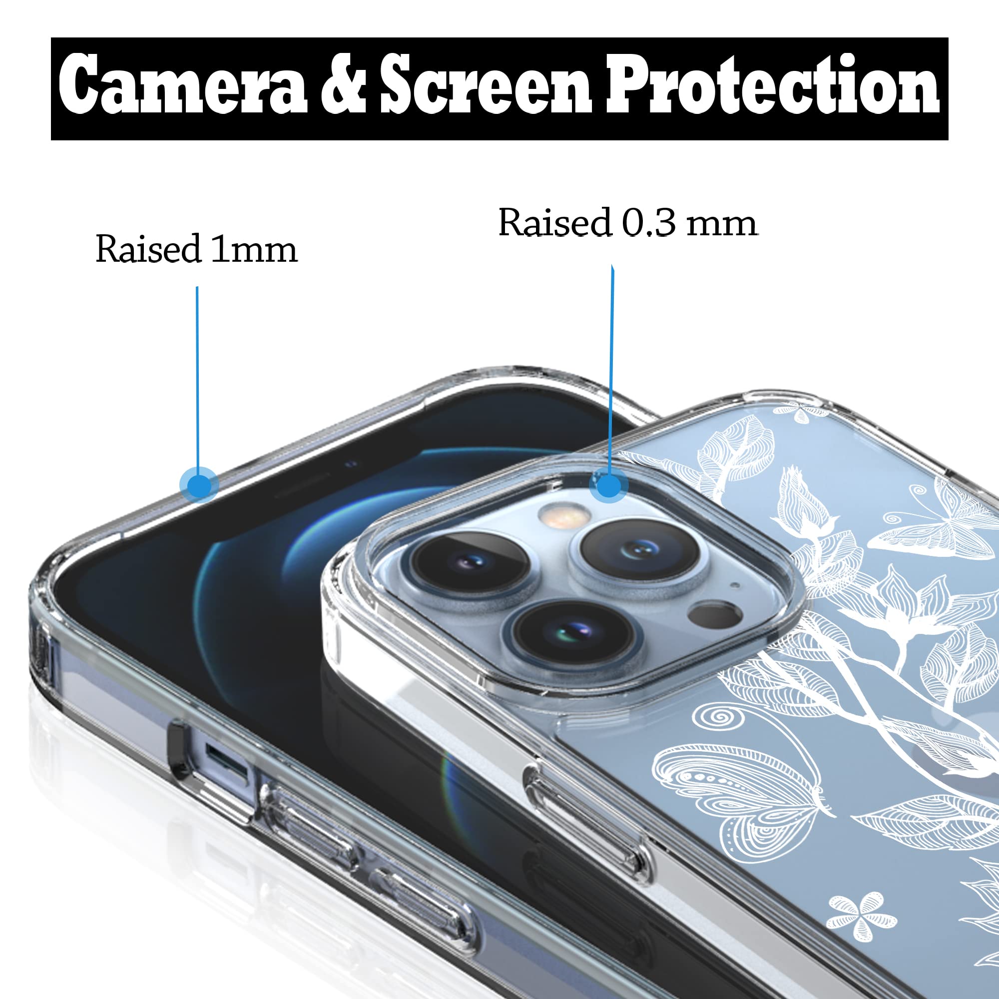 RANZ iPhone 13 Pro Case Anti-Scratch Shockproof Clear TPU PC Flower Butterfly 6.1"