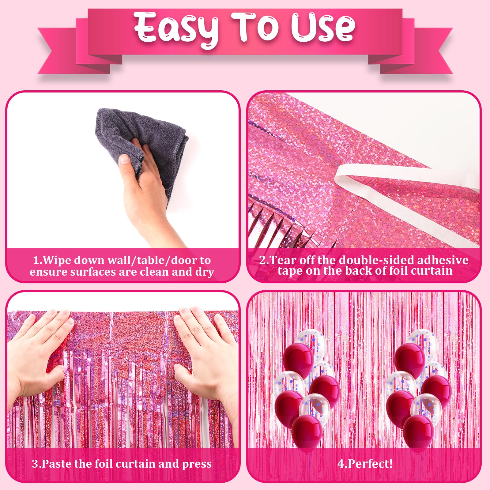 Voircoloria 2 Pack 3.3X8.2 Feet Laser Pink Foil Fringe Backdrop Curtains, Tinsel Streamers Birthday Party Decorations, Fringe Ba