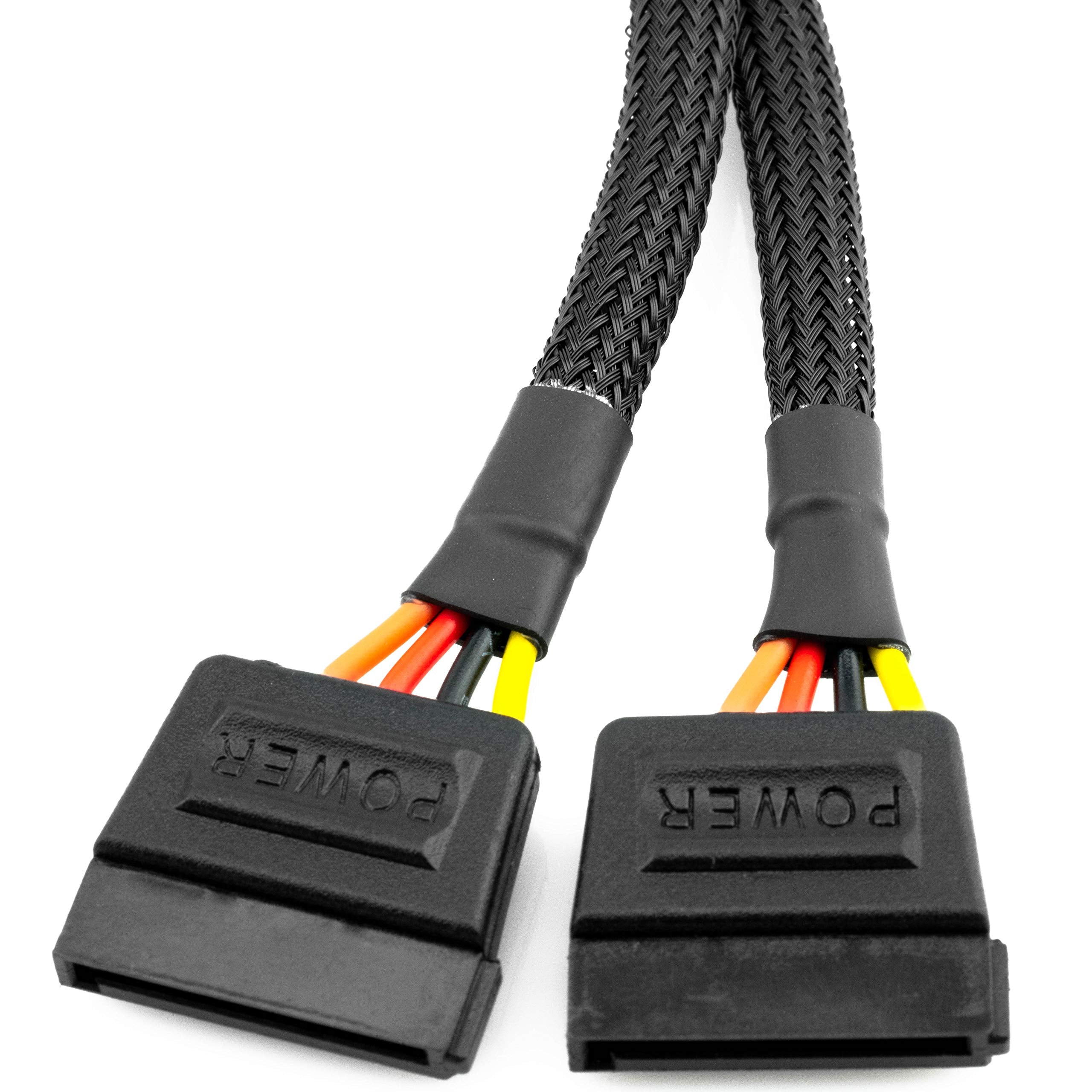 CRJ Electronics 4-Pin Molex to Dual 15-Pin SATA Power Adapter Cable Model 4025 12-inch Black Sleeved