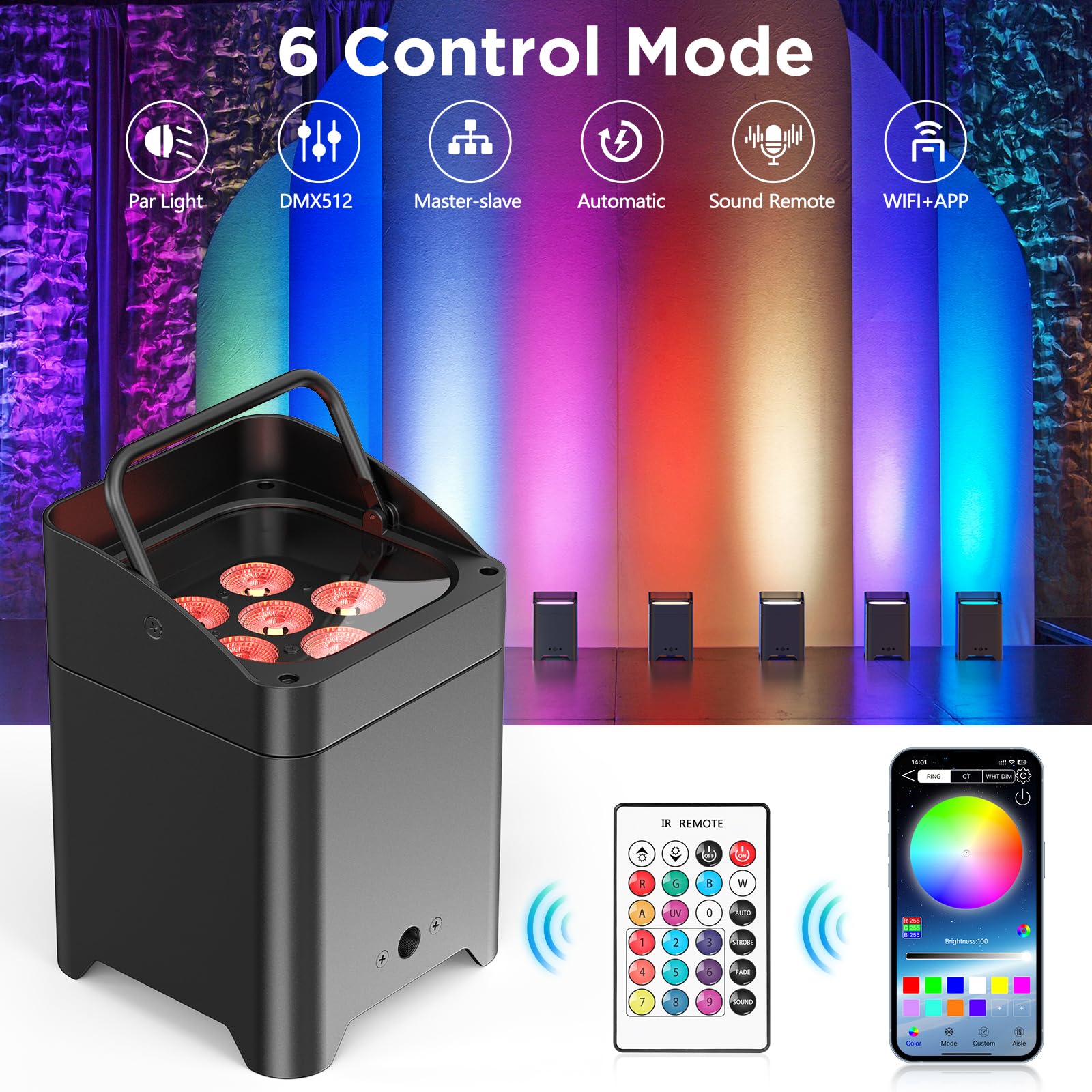 Battery Powered Uplights Rechargeable Par Can 6X18W Rgbwa+Uv Led Uplight 9600 Mah Remote/App/Dmx512 Control Stage Lights Uplight