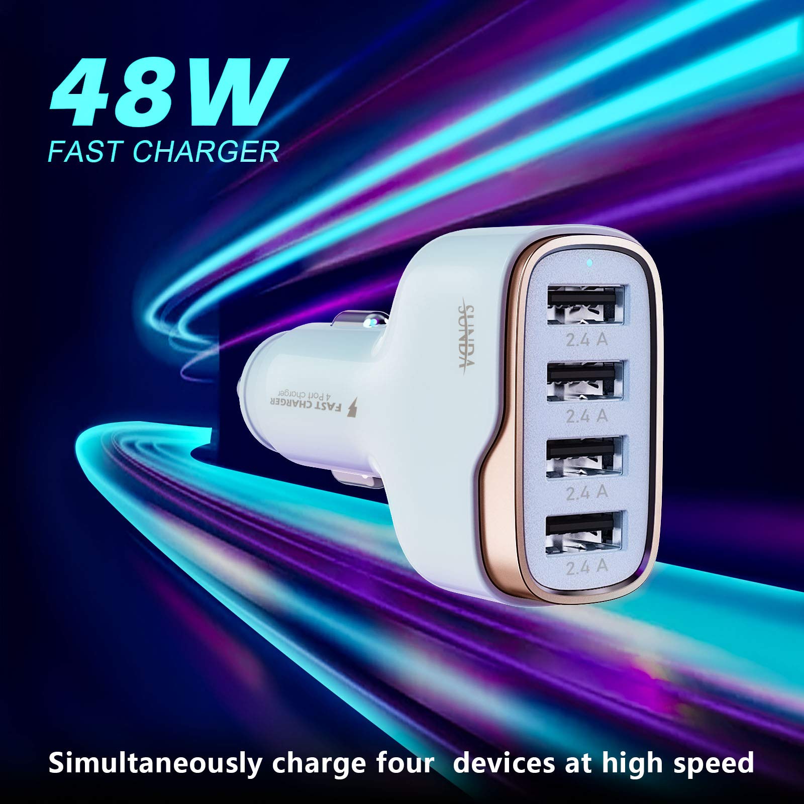 Sunda 48W/9.6A Usb Fast Car Charger, 4 Ports Car Charger Adapter For Apple And Android Smart Phones, Car Phone Smart Charger Com