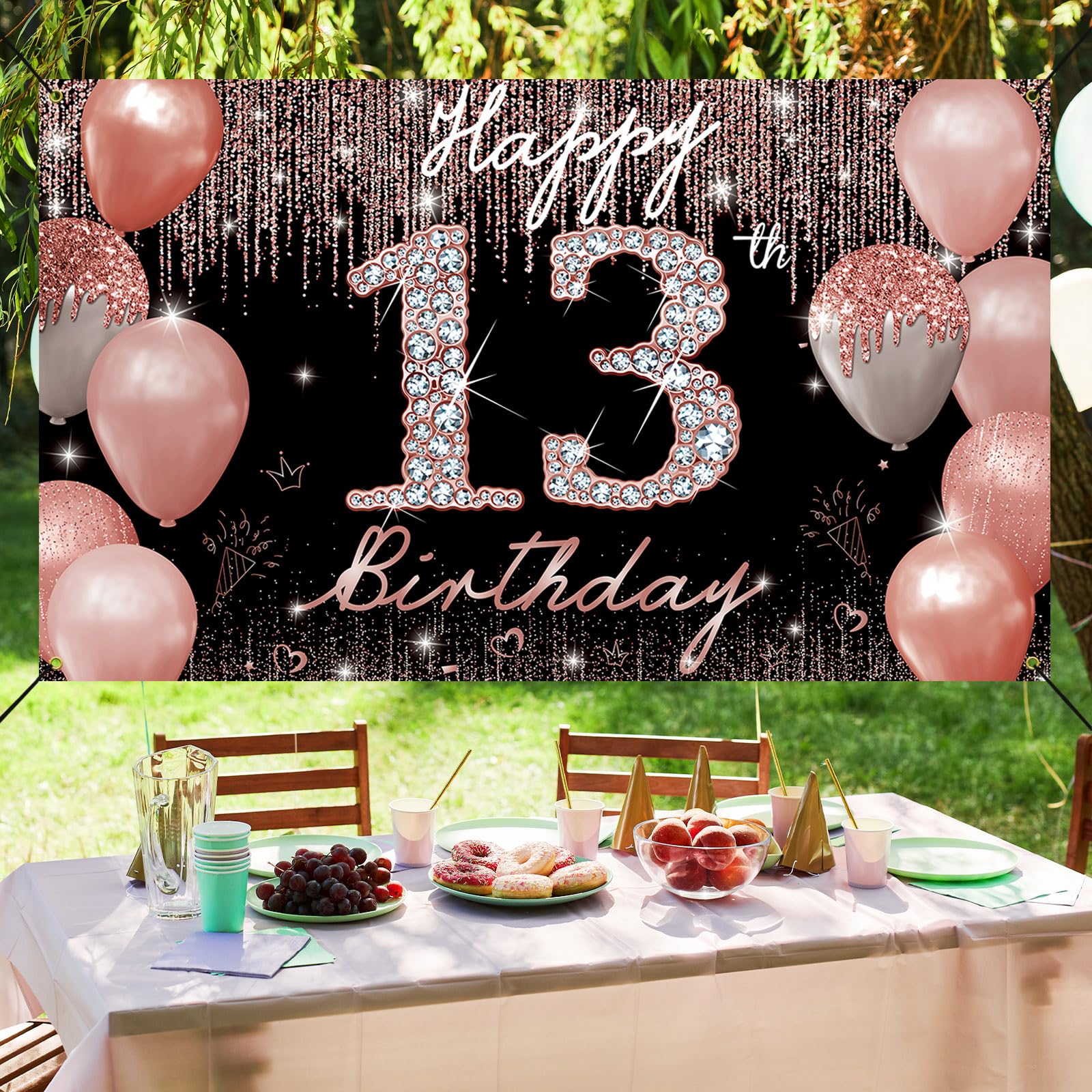 13Th Birthday Decoration For Girls, Happy 13Th Birthday Backdrop Banner Rose Gold, Sweet 13 Year Old Birthday Party Yard Sign Ph