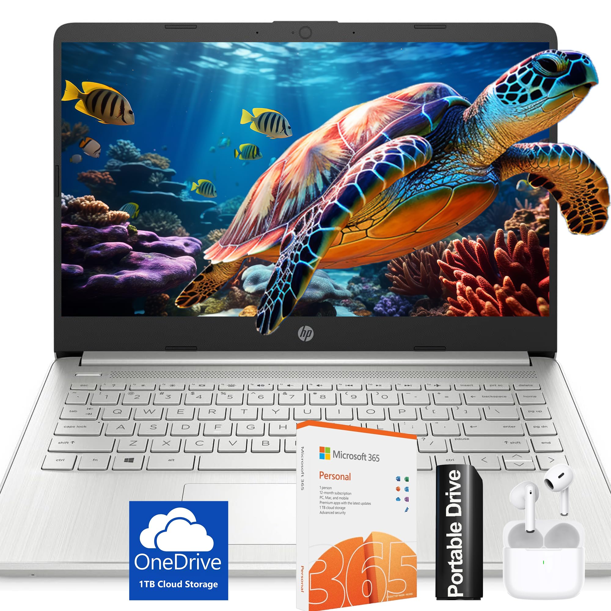 Hp Ultralight 14 Inch Laptop With Intel 4 Core Processor, Microsoft 365 And Wireless Earbuds, 16Gb Ram, 128Gb External Drive & 1