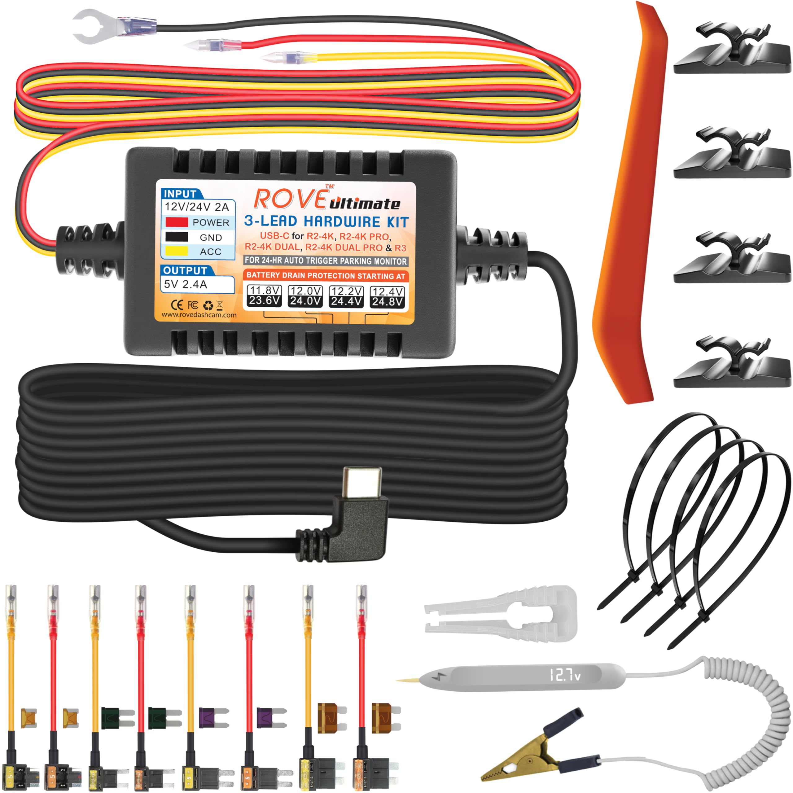 Rove Ultimate Dash Cam Hardwire Kit With Usb-C Port For R2-4K, R2-4K Pro, R2-4K Dual, R2-4K Dual Pro, And R3 Dash Camera Models,