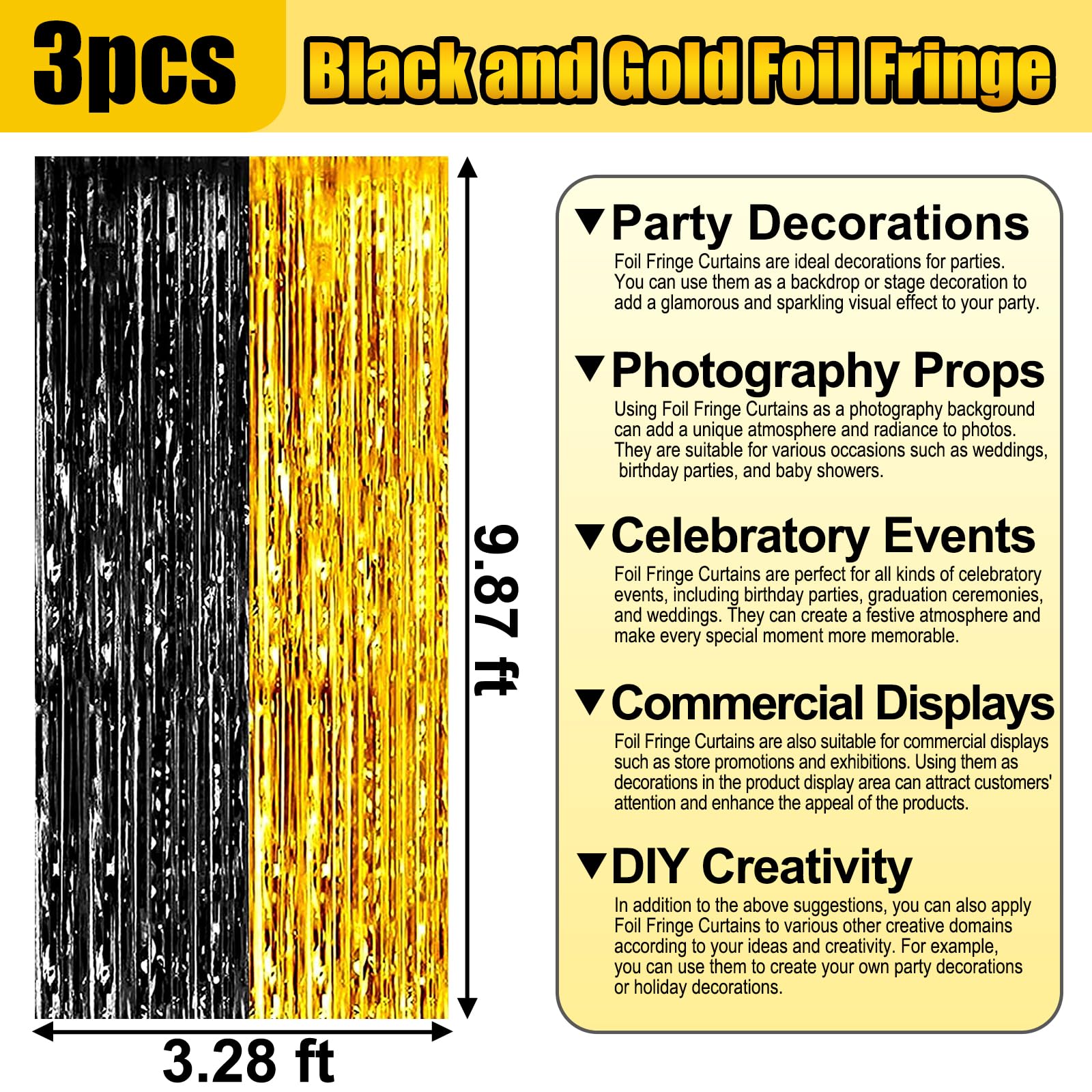 3 Pack Black Gold Foil Fringe Curtain Backdrop, 3.28Ft X 9.8Ft Metallic Tinsel Foil Fringe Streamer Curtains For Photo Booth, Ch