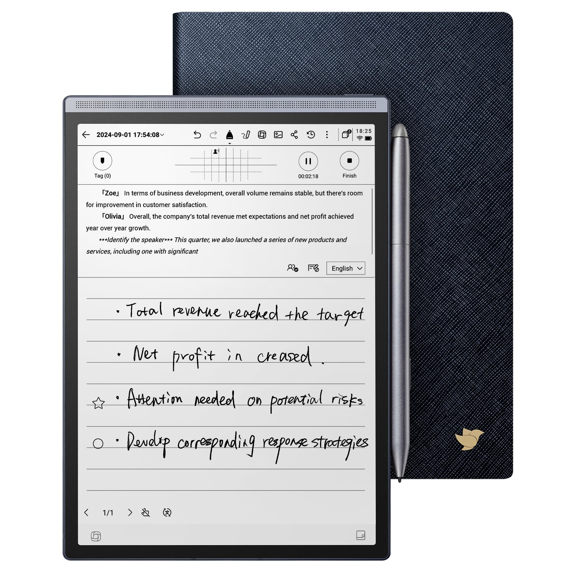 iFLYTEK AINOTE Air 2 Bundle with Blue Folio Case, 8.2-inch AI Paper Tablet Writing Tablet, Digital Notebook with Pen, Voice-to-T