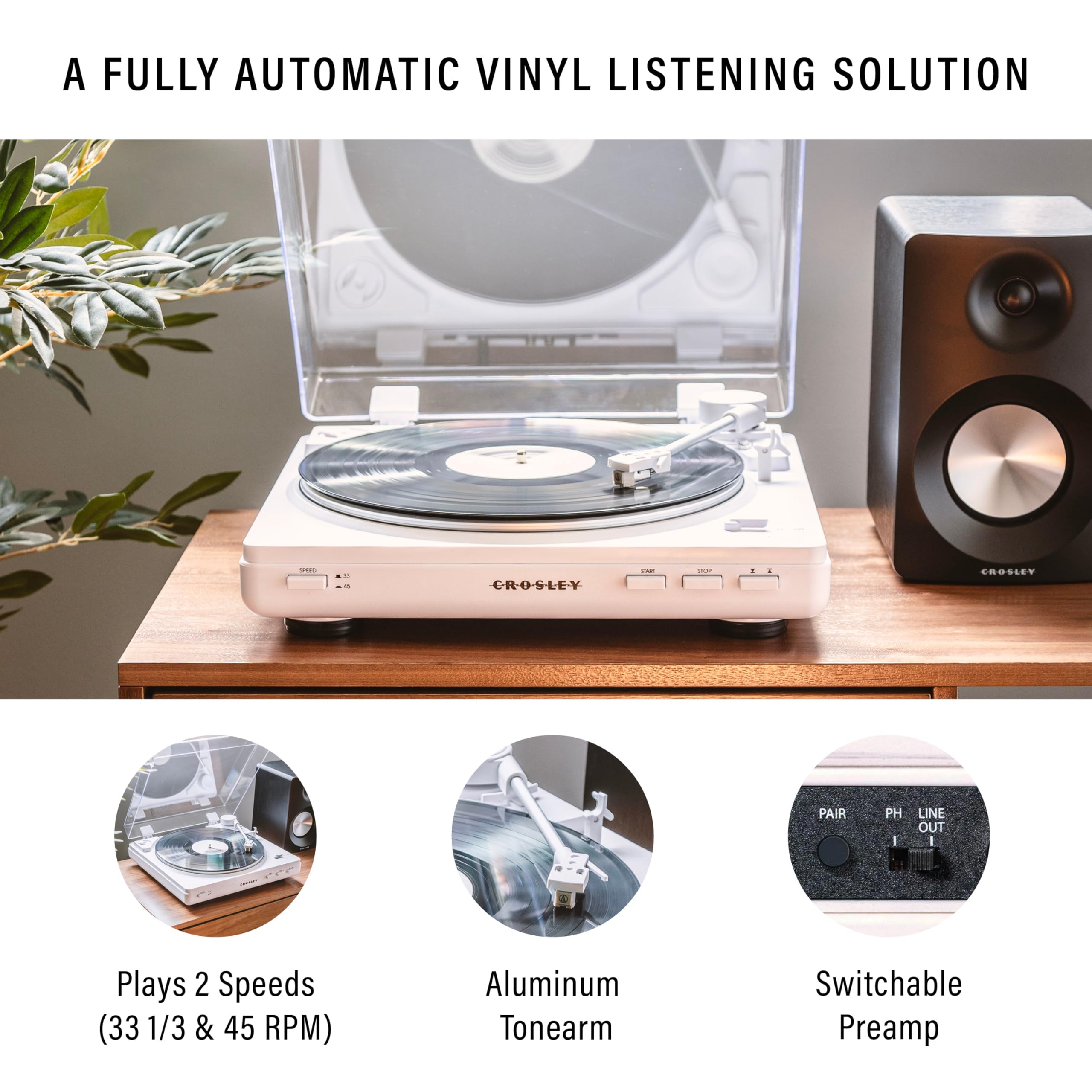 Crosley T400D-Wh Fully Automatic Bluetooth 2-Speed Turntable Record Player With Built-In Preamp, White