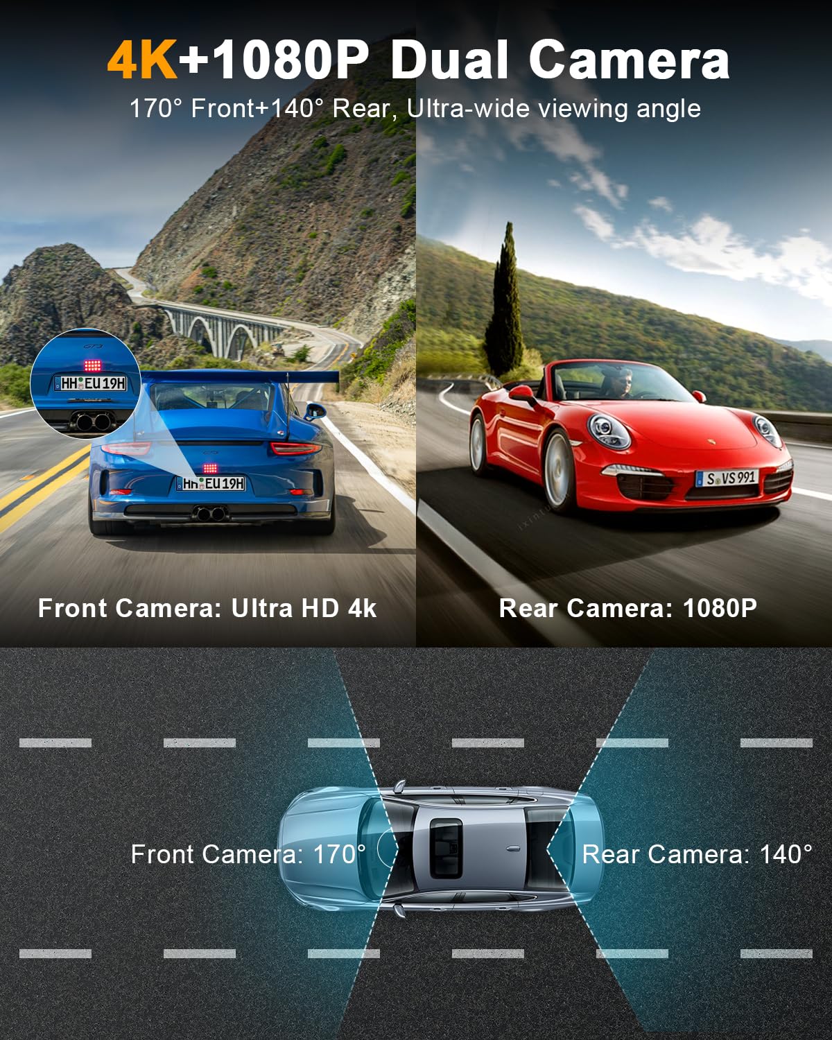 Dash Cam Front And Rear,4K Dual Dashcam With 64Gb Card,4K+1080P Wifi Dash Camera For Car,2 Channel Dashboard Camera,3'' Ips Scre