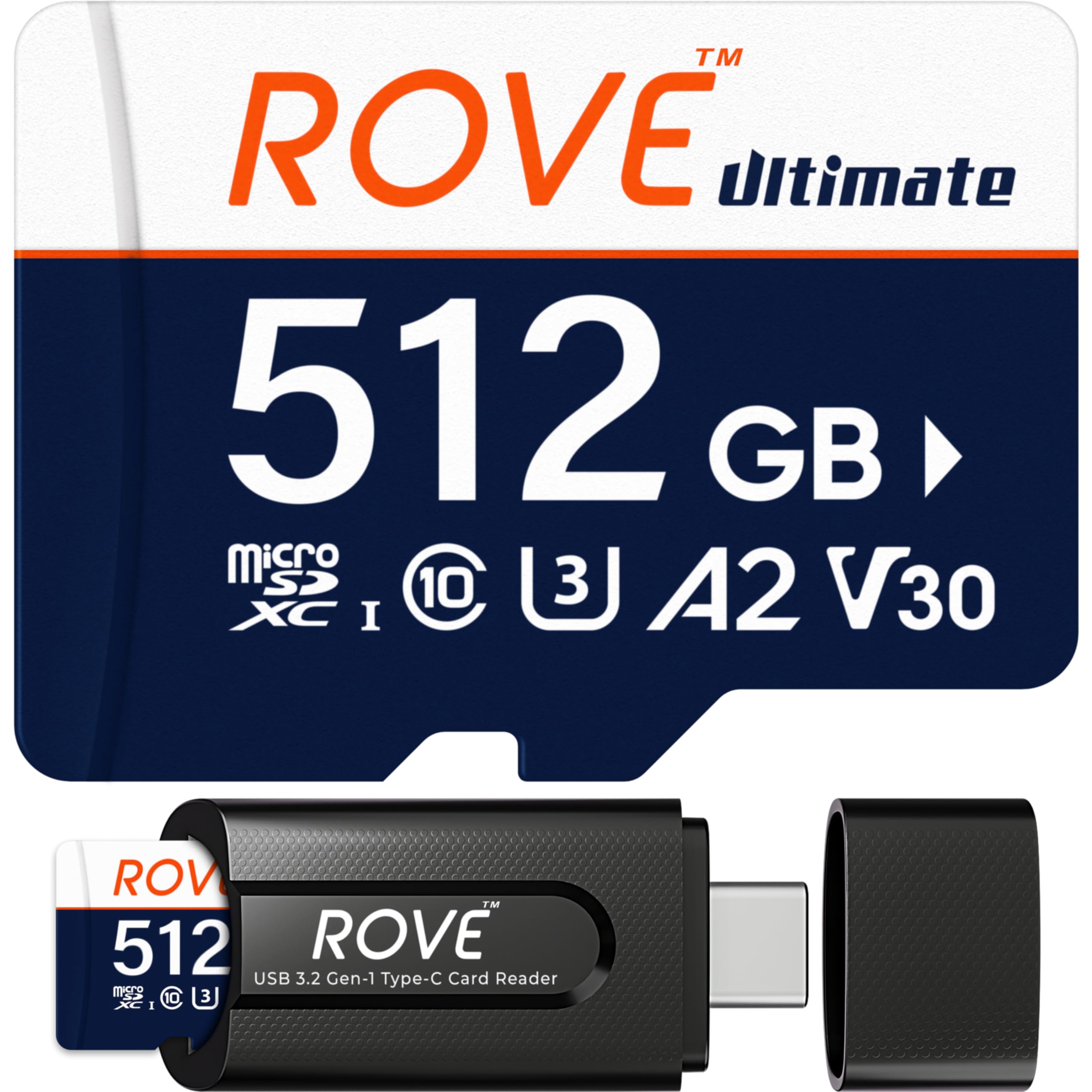 Rove Ultimate Micro Sd Card Microsdxc 512Gb Memory Card With Usb 3.2 Type C Card Reader 170Mb/S C10, U3, V30, 4K, A2 For Dash Ca
