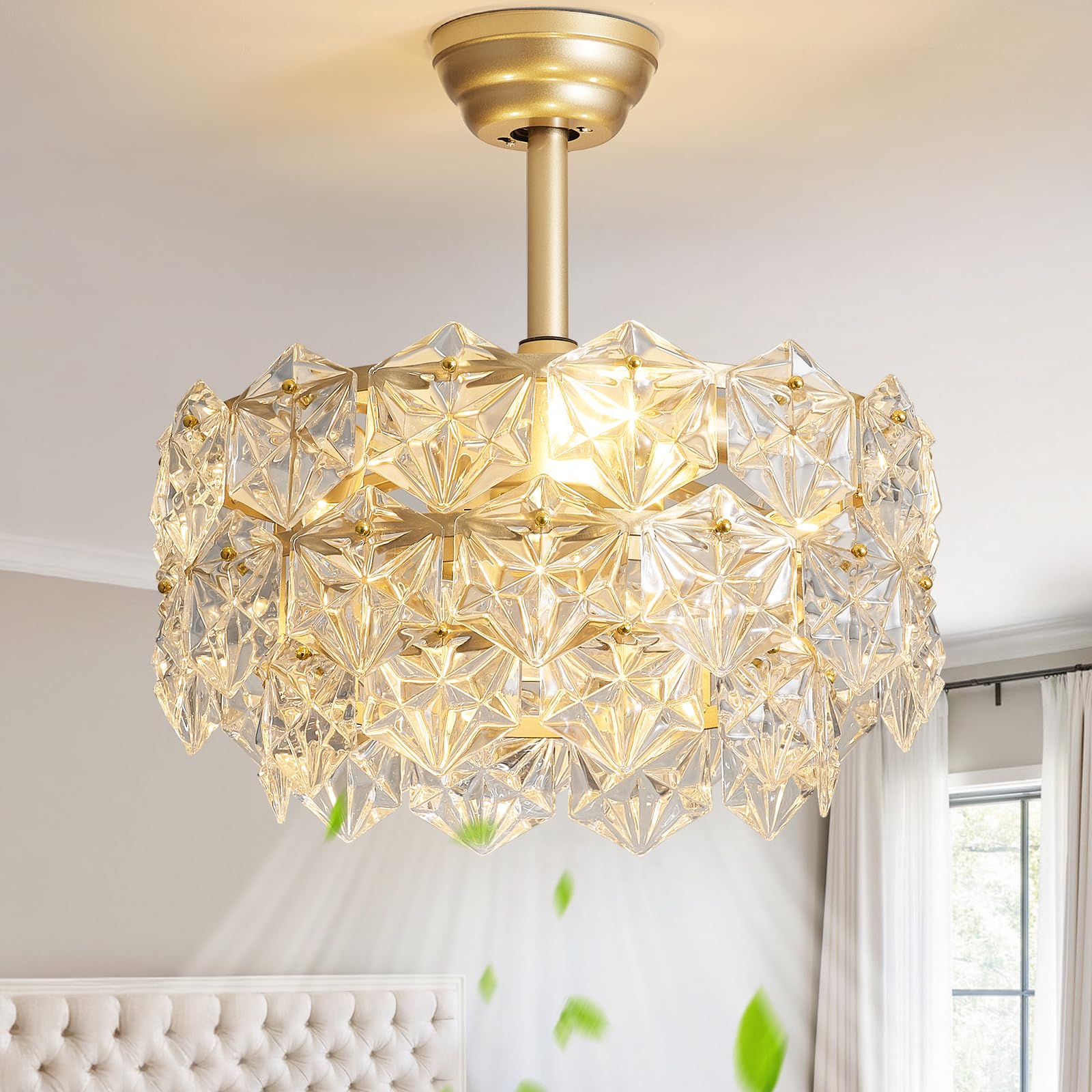 SYDACG 20 Gold Crystal Fandelier Ceiling Fan with Light, Mid-Century Chandelier Ceiling Fan with Light Remote Control, Modern Ca