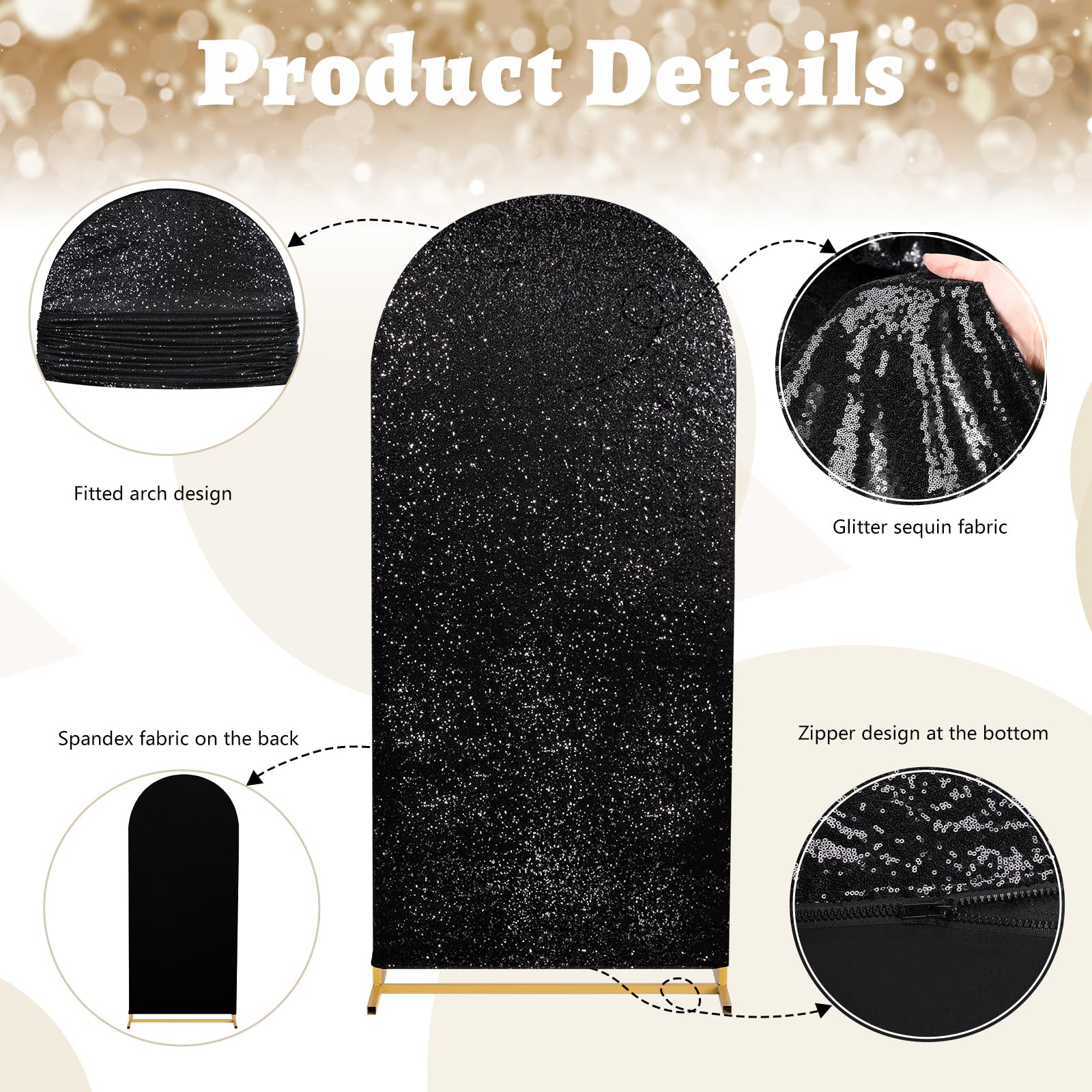 Arch Cover Set Of 3 Black Arch Backdrop Covers 6Ft, 6.6Ft, 7.2Ft Sparkly Fabric Backdrop Covers For Halloween Party Ceremony Dec