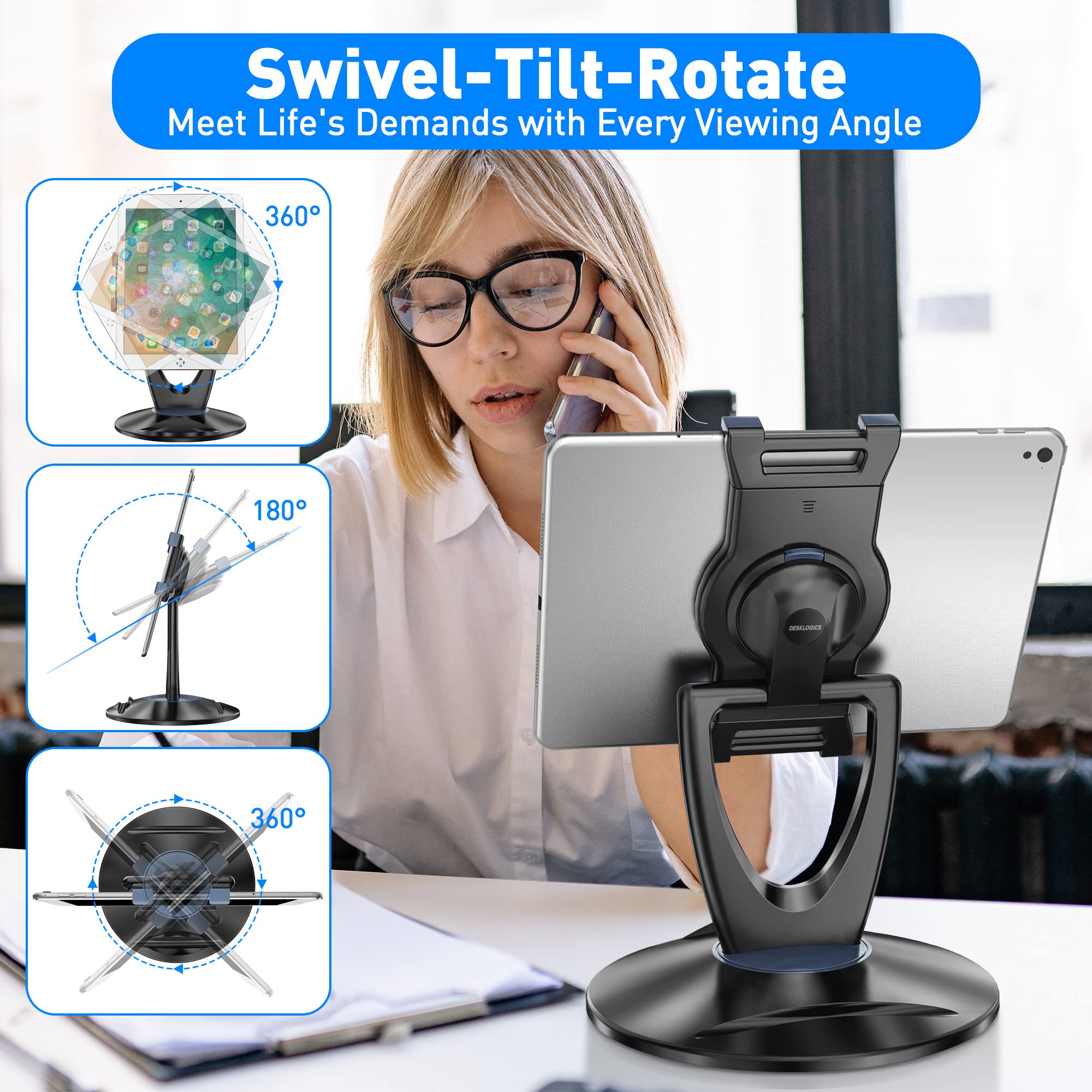 Desklogics Ipad Tablet Stand Holder For Desk   6 Inch To 13 Inch   Stable, Adjustable   360 Swivel Angle Pen Phone Ipad Stand Fo