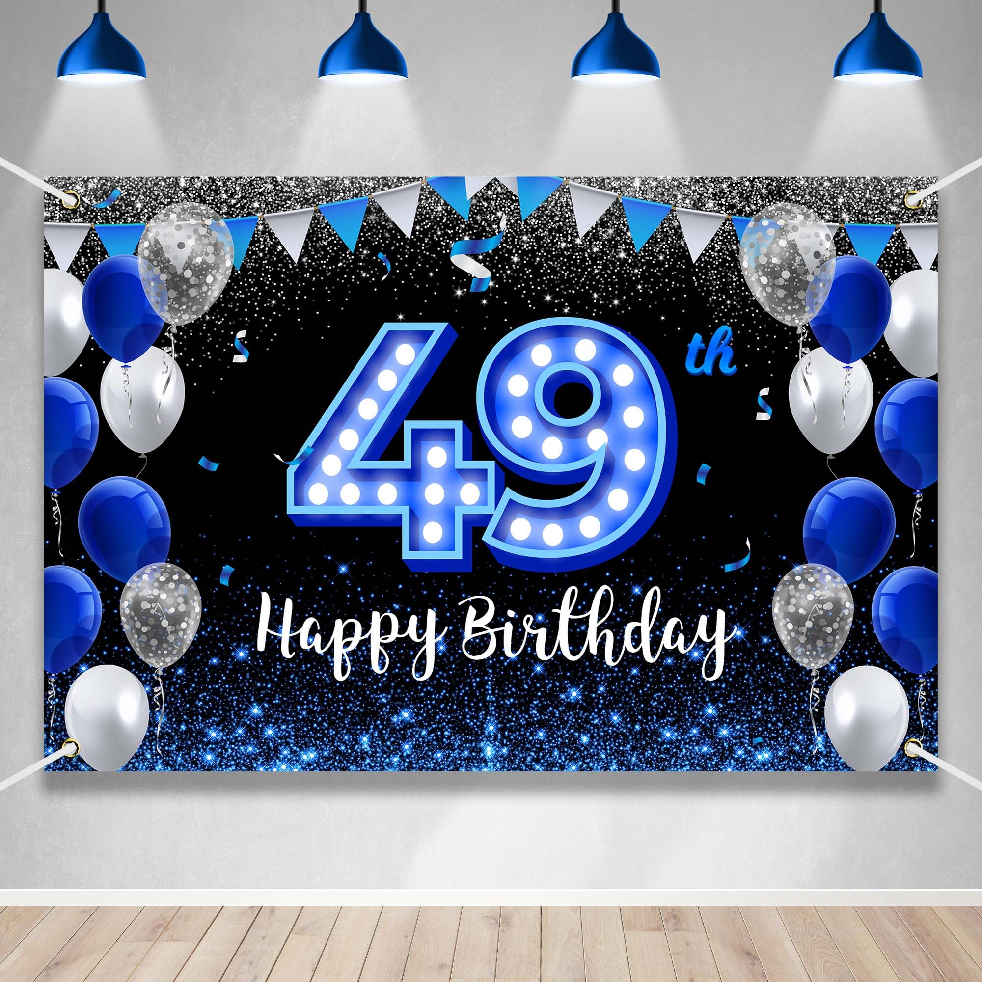 Happy 49Th Birthday Backdrop Banner Blue Black Theme Background With Blue Neon Light Shiny Fashion Birthday Party Photo Photogra