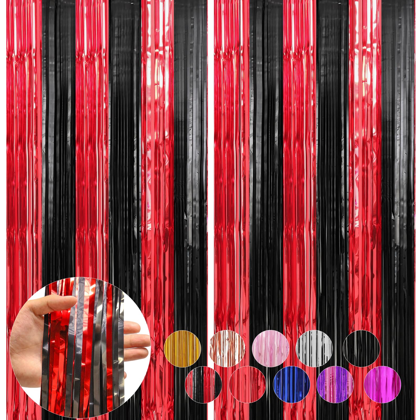2 Pack Metallic Foil Tinsel Photo Booth Backdrop Streamer (Red And Black, 2 Pack)