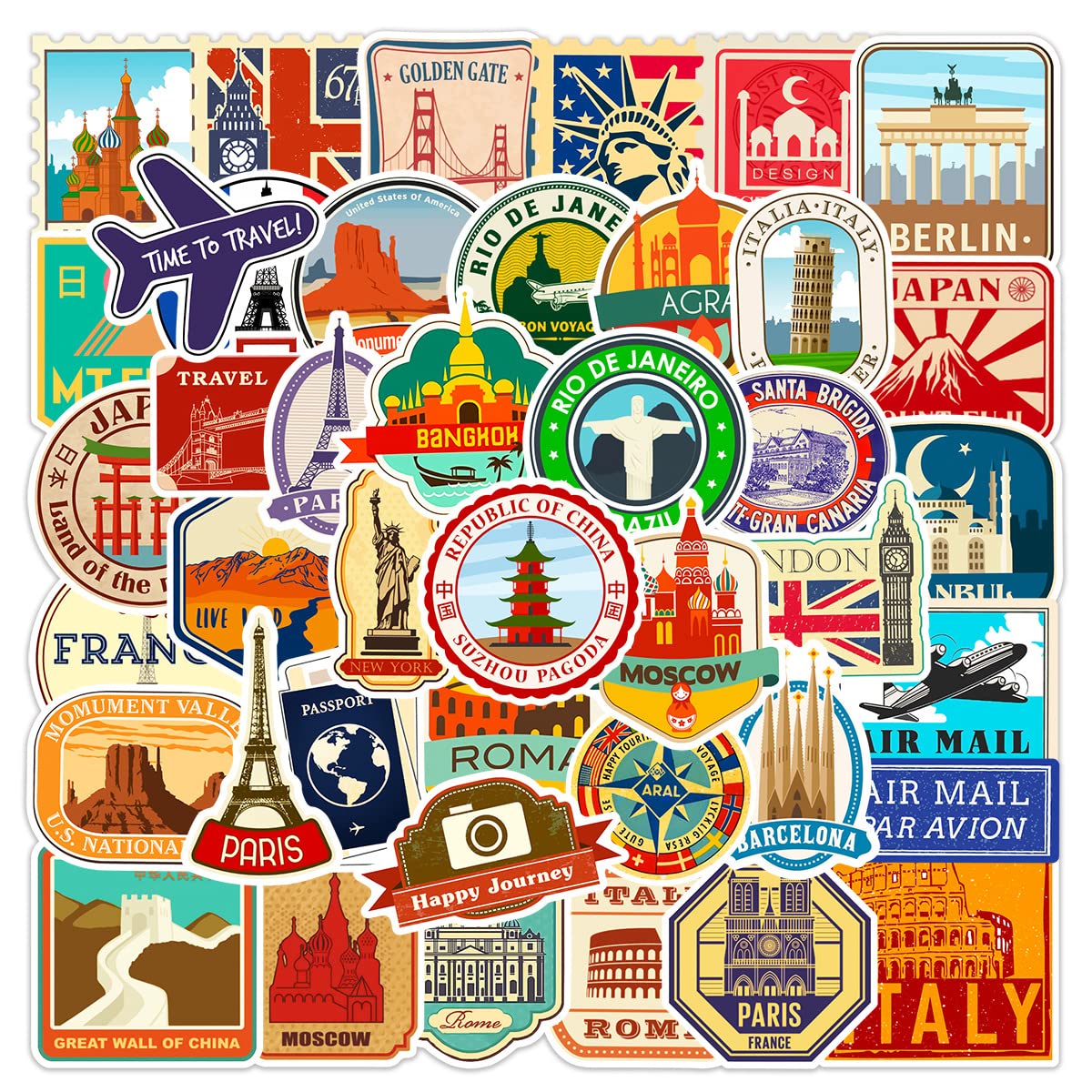 50 Pack Travel Around The World Stickers Vinyl Laptop Stickers,Waterproof Travel Map Stickers For Water Bottles, Graffiti Sticke