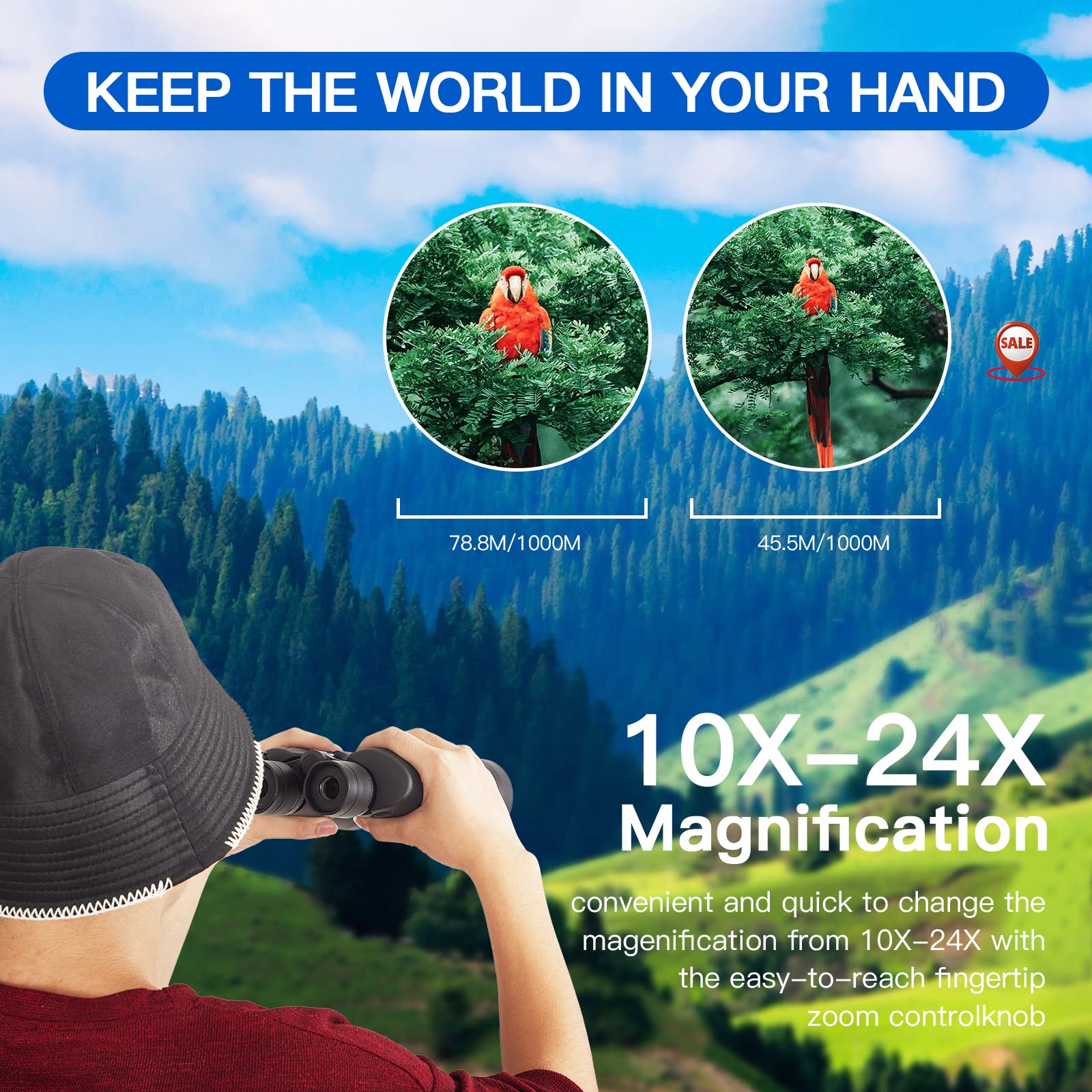 Zoom Binoculars For Adults,10 24X50 Binoculars With Smartphone Adapter, Compact Waterproof Binoculars For Bird Watching Hunting