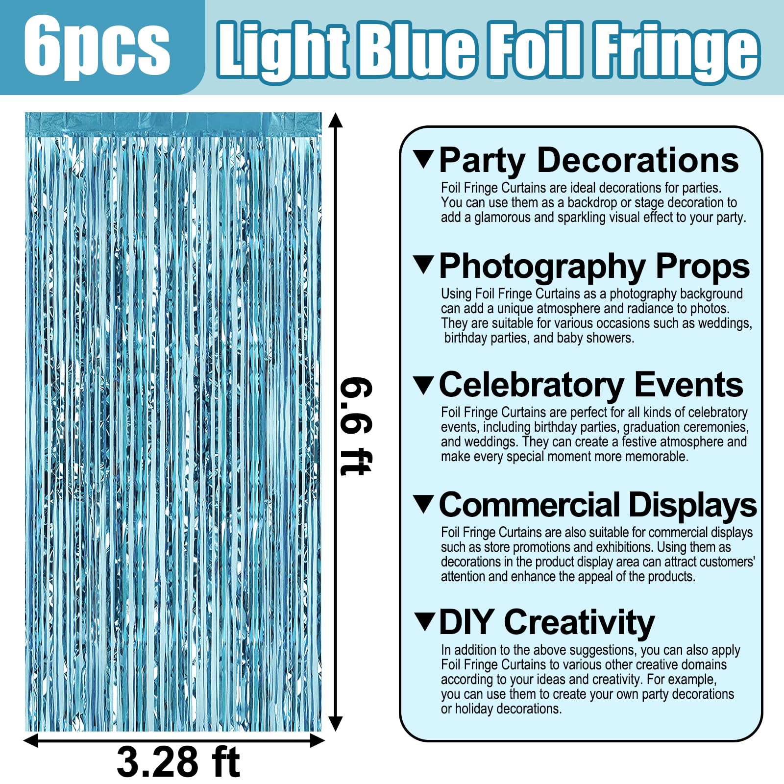 6 Pack Light Blue Foil Fringe Curtain Backdrop, 3.28Ft X 6.6Ft Metallic Tinsel Foil Fringe Streamer Curtains For Photo Booth, Ch