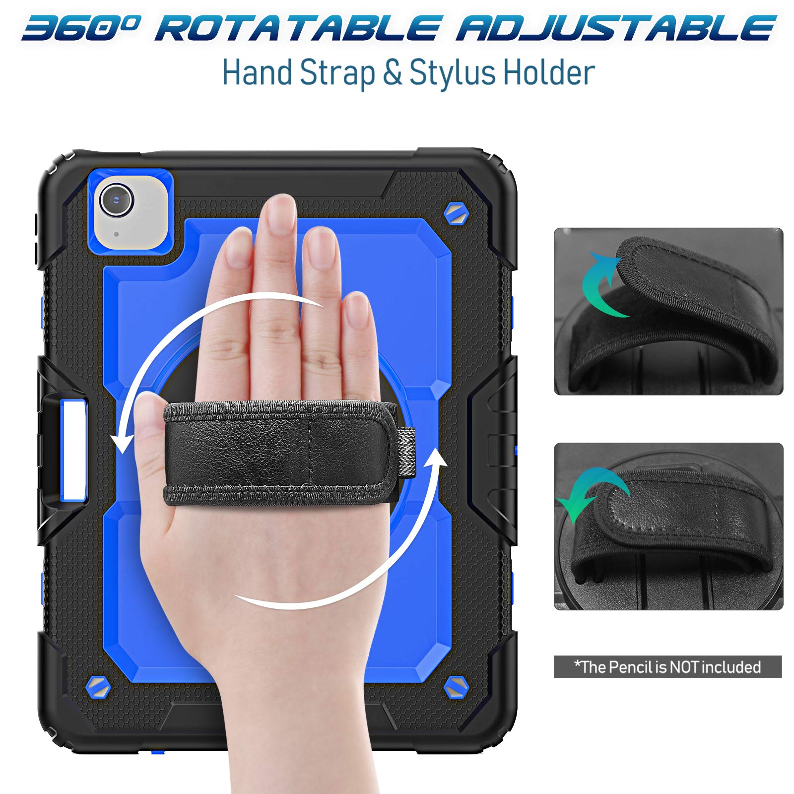 Timecity 3 Layer Heavy Duty Rugged Case For Ipad Air 5Th/4Th Gen, 10.9Inch, 2022/2020, W/Swivel Kickstand, Hand Strap, Pencil Ho