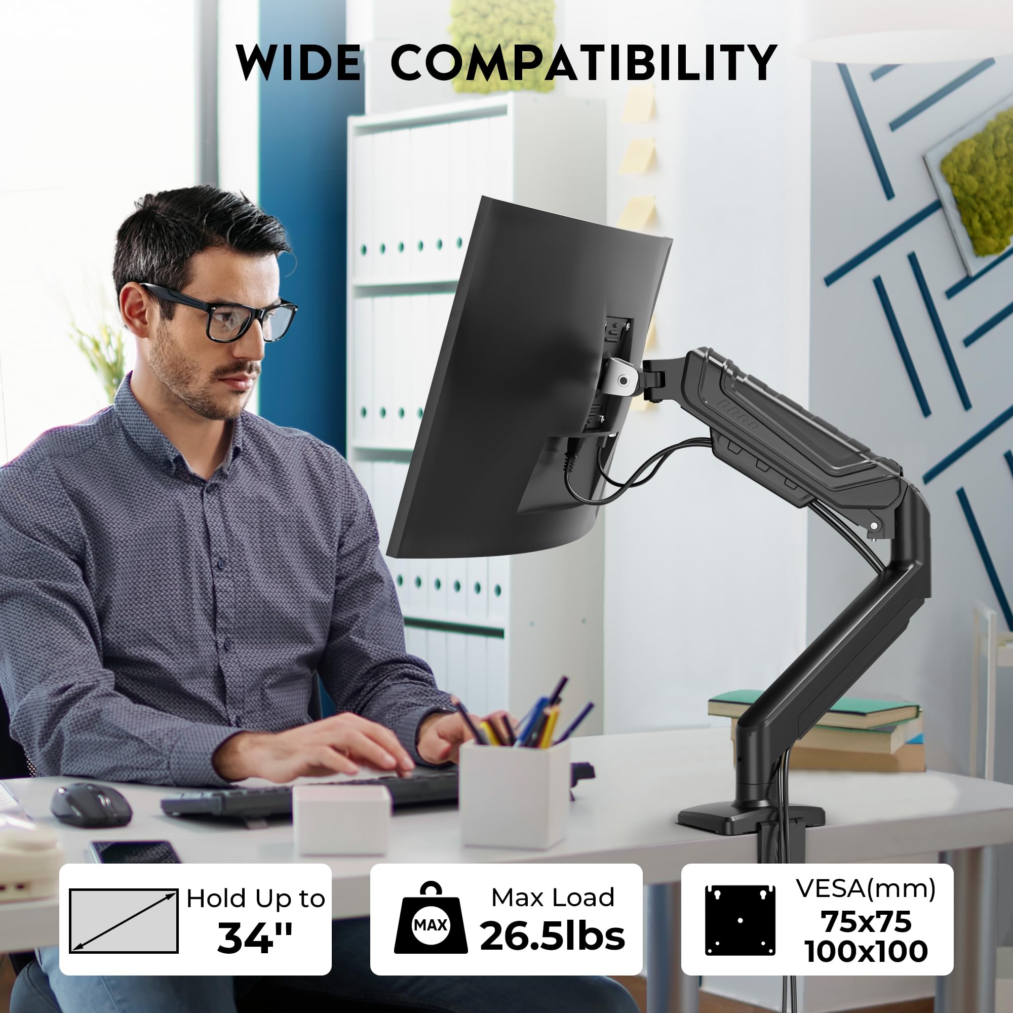 Bontec Monitor Arm For 15-34 Inch Screens, Ergonomic Gas Spring Single Monitor Mount, Full Motion Desk Stand With Tilt Swivel Ro