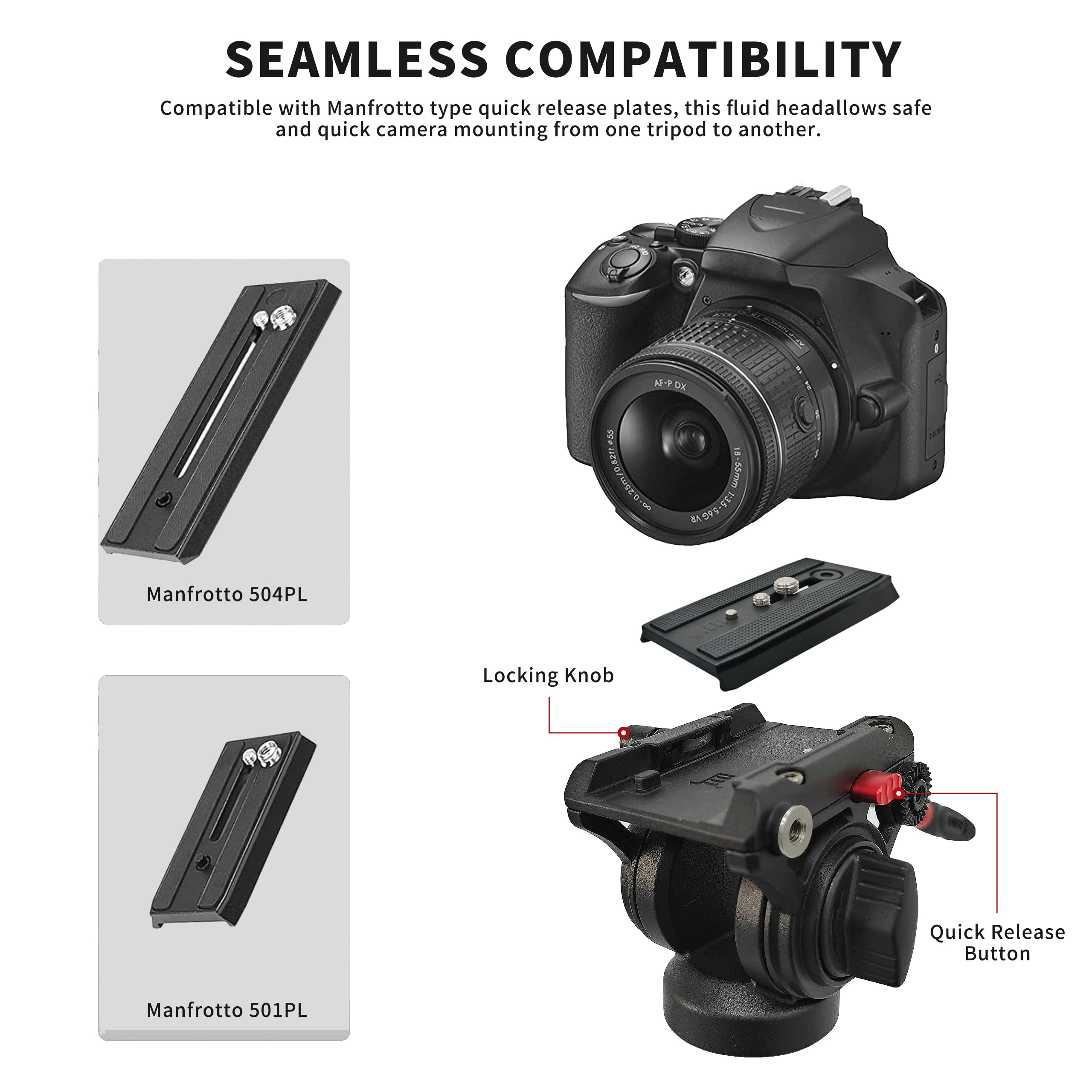 AVELLA Video Tripod with Fluid Head & Quick Release Plate, Lightweight, Max Load 13.2lb for Canon Nikon Sony DSLR Cameras, Model V504