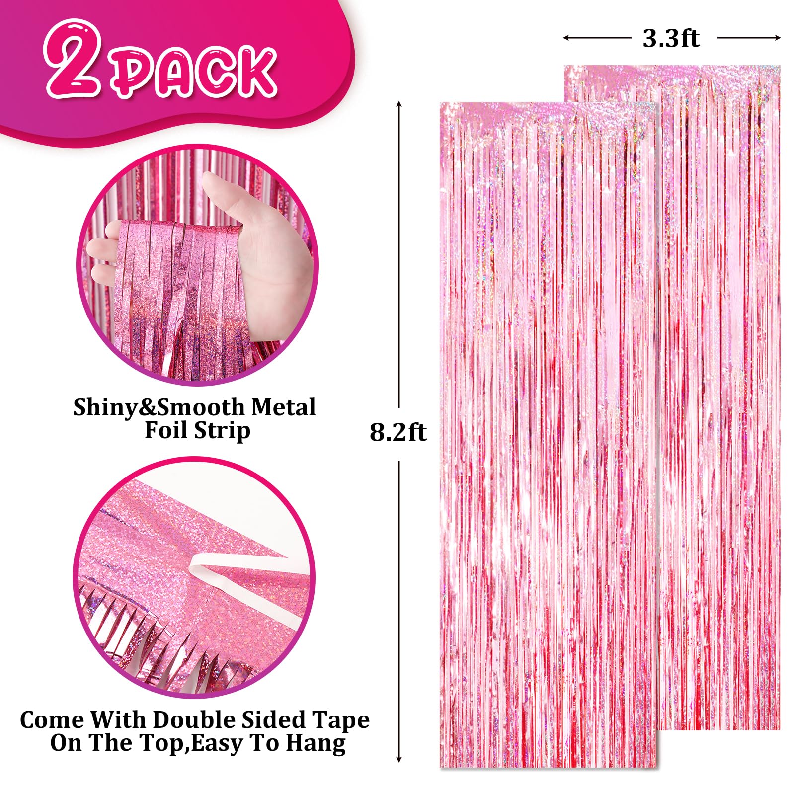 Voircoloria 2 Pack 3.3X8.2 Feet Laser Pink Foil Fringe Backdrop Curtains, Tinsel Streamers Birthday Party Decorations, Fringe Ba