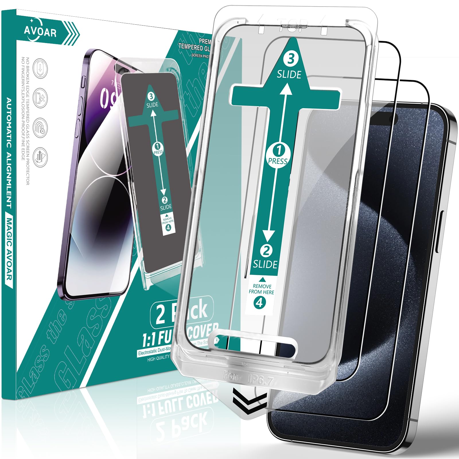 Avoar 2 Pack Screen Protector For Iphone 15 Pro, [Auto Alignment Kit] 6.1 Inch Hd Clear Full Screen Tempered Glass, Auto Dust El